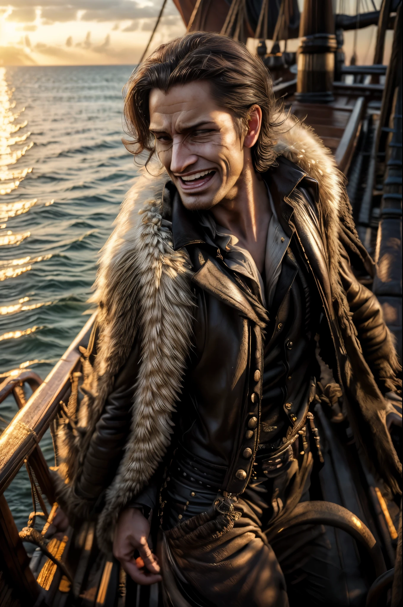 masterpiece, best quality, extremely detailed, hyperrealistic, photorealistic, a cool 40s man, ultra detailed face:1.2, fur-trimmed coat, scarf around the neck, his left hand is a golden pirate hook:1.1, on ship, in the sunrise, dancing, artistic pose, laughing
