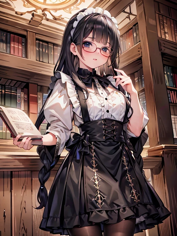 masterpiece, highest quality, Very detailed, 16k, Ultra-high resolution, Cowboy Shot, Detailed face, Perfect Fingers, 14-year-old female,  black eye, Black Hair, Long Hair, Braid:1.7, Glasses, Black classic maid outfit, Luxurious Western-style building, library, Bookshelf, Holding a book, from below:1.7