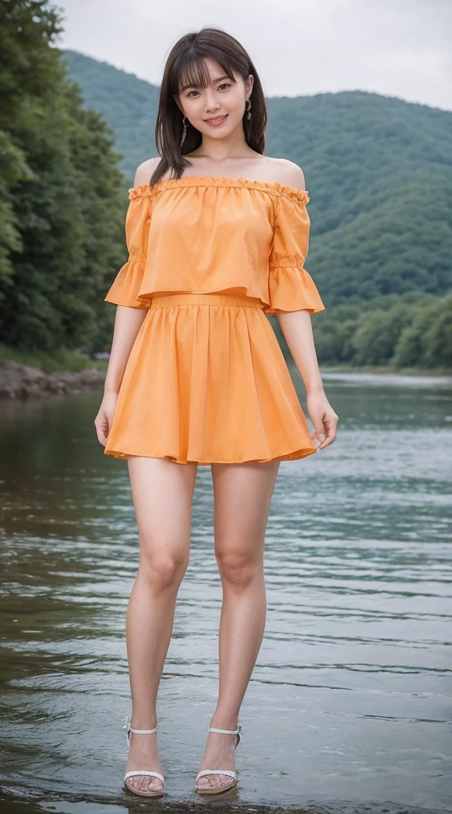 detailed,Clear lines,highest quality, masterpiece,Bright and dark light、Canon Photo Crystal Clear ,（Realistically:1.2）, (Orange Casual Micro Mini Skirt Dress)、Action pose、Take a full body photo、A sloppy smile、Glamour body type、Medium Long Hair、((Wind))、valley、Step into the river、High heels