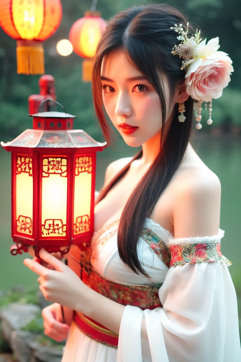 hands_, 1girl, lantern, hair ornament, flower, hair flower, paper lantern, black hair, red lips, looking at viewer, chinese clothes, large breasts, holding, dress, blurry, solo focus, long hair, black eyes, realistic, bare shoulders, white dress, lips, night, lipstick, outdoors, upper body, blurry background, solo, makeup, hair bun
