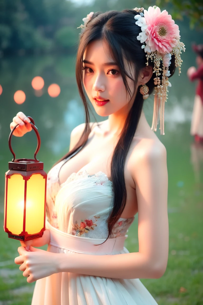 hands_, 1girl, lantern, hair ornament, flower, hair flower, paper lantern, black hair, red lips, looking at viewer, chinese clothes, large breasts, holding, dress, blurry, solo focus, long hair, black eyes, realistic, bare shoulders, white dress, lips, night, lipstick, outdoors, upper body, blurry background, solo, makeup, hair bun
