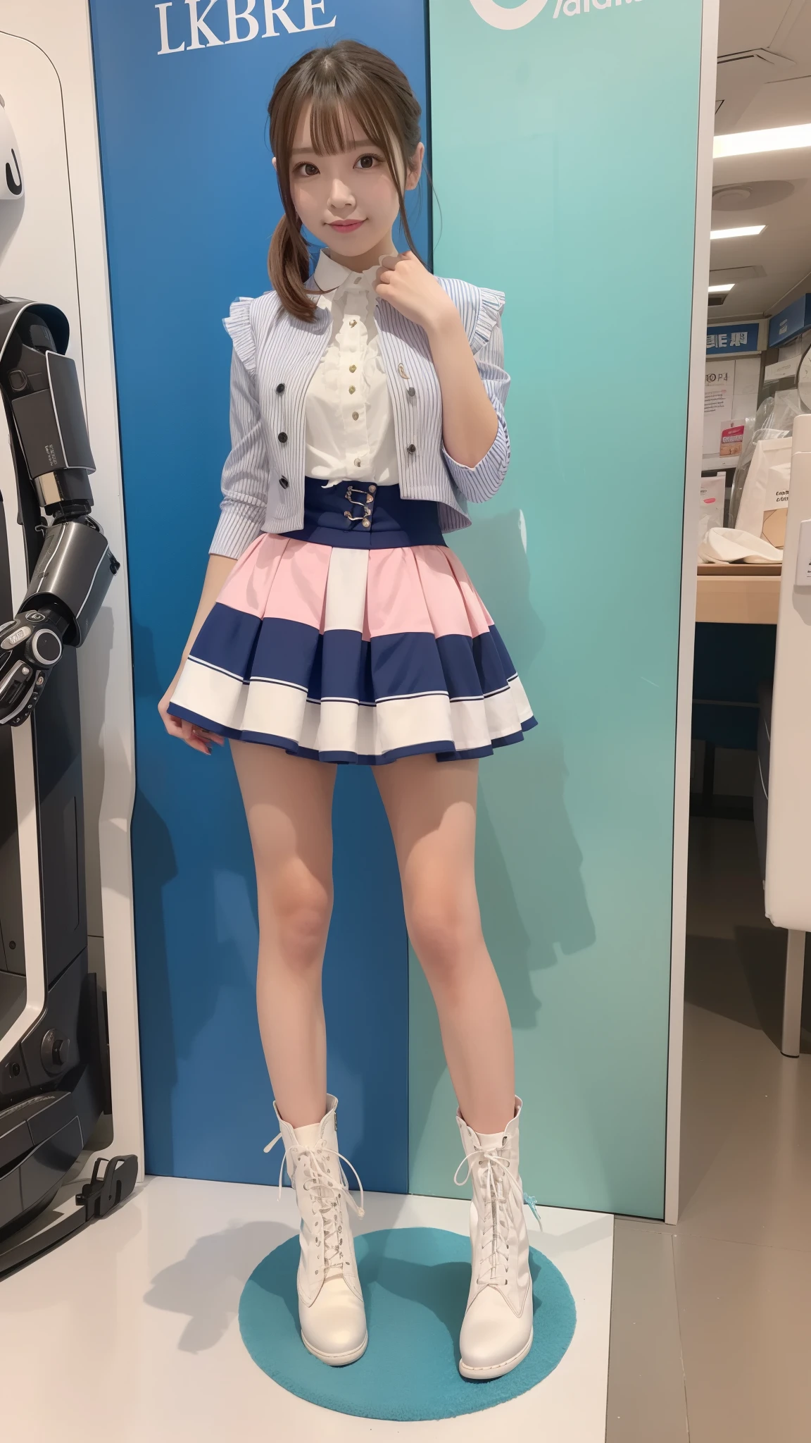 Costume like a idol, blue and white half sleeve Jacket, pink satin ruffled blouse, White and pink stripe pleated skirt, white lace up boots