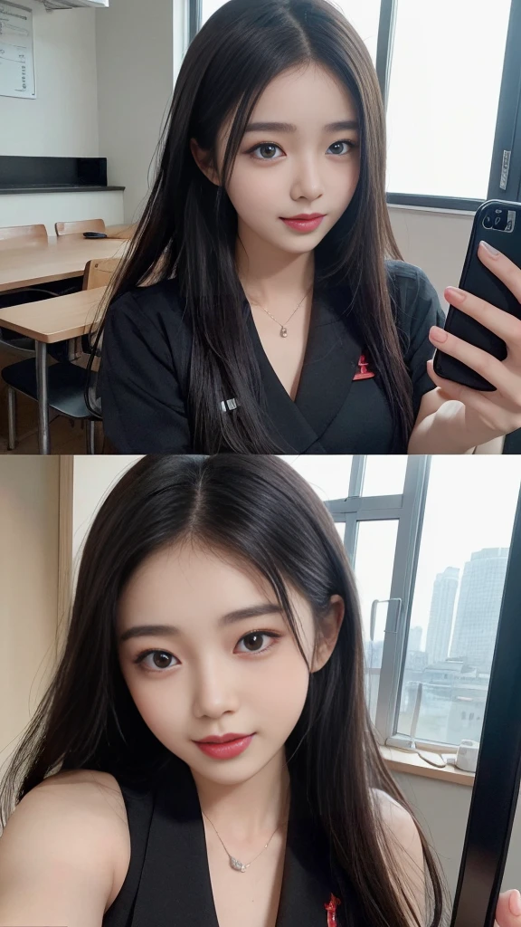(high quality), (NSFW:1.2), Split screen vertically, 1 girl and 1 man are dating online by exchanging own photos and messages using a smartphone chatting app, 18 years old, korean, long distance relationship, The text is written in English., they weared korean high school uniforms, whole body, Focus your eyes on your phone screen and be happy, Upload your photos to an online community using a smartphone app, Men are crazy about her posts online, just like cartoon cuts., They're sending her messages asking to chat, You are amused by their reactions, light makeup, slim figure, (girl weared thin and natural pantyhose : 1.9), (girl weared slim high_school uniform_pencil skirt and blouse : 1.6),(a man weared high school uniform_shirts and pants:1.5), (they weared school uniform_blazer and tie), One woman and several men, Men's and women's cuts are separated