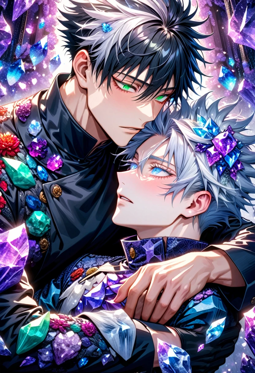 Ultra detailed, Highres, absurdres, HDR, master piece, Gojo Satoru, white hair with bangs, expressive blue eyes, white eyelashes, hair between the eyes, Fushiguro Megumi, black hair, expressive green eyes, Jujutsu Kaisen, black long coat with patterns, purple ice flowers, petals, extremely handsome, two sexy man together, gay couple, yaoi, love, extremely detailed eyes and face, purple ice, purple ice glittering butterflies, black shirt, glittering, glittering eyes,