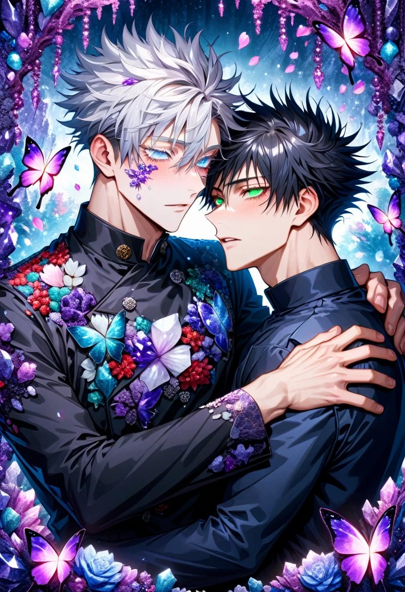 Ultra detailed, Highres, absurdres, HDR, master piece, Gojo Satoru, white hair with bangs, expressive blue eyes, white eyelashes, hair between the eyes, Fushiguro Megumi, black hair, expressive green eyes, Jujutsu Kaisen, black long coat with patterns, purple ice flowers, petals, extremely handsome, two sexy man together, gay couple, yaoi, love, extremely detailed eyes and face, purple ice, purple ice glittering butterflies, black shirt, glittering, glittering eyes,