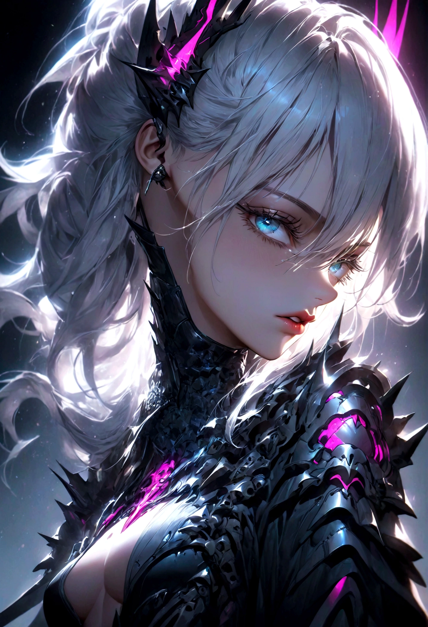 incredible detailed anime k-pop girl, beautiful detailed eyes, long spiked white hair, beautiful detailed lips, extremely detailed face, long eyelashes, dynamic pose, dramatic lighting, neon backlit, dark moody atmosphere, chiaroscuro lighting, moody colors, vibrant neon colors, cyberpunk aesthetic, 8k, high quality, hyper detailed, photorealistic, masterpiece