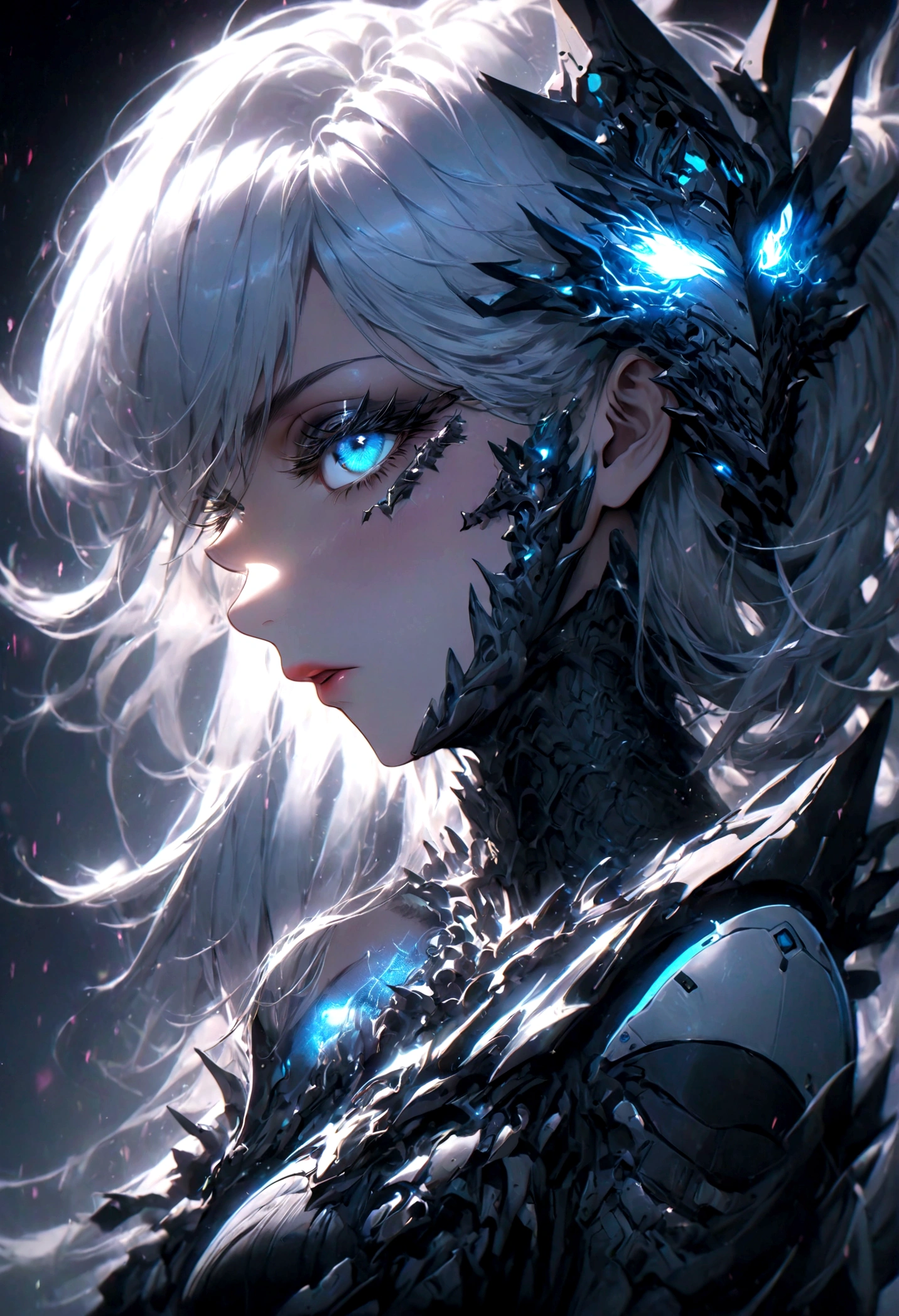 incredible detailed anime k-pop girl, beautiful detailed eyes, long spiked white hair, beautiful detailed lips, extremely detailed face, long eyelashes, dynamic pose, dramatic lighting, neon backlit, dark moody atmosphere, chiaroscuro lighting, moody colors, vibrant neon colors, cyberpunk aesthetic, 8k, high quality, hyper detailed, photorealistic, masterpiece