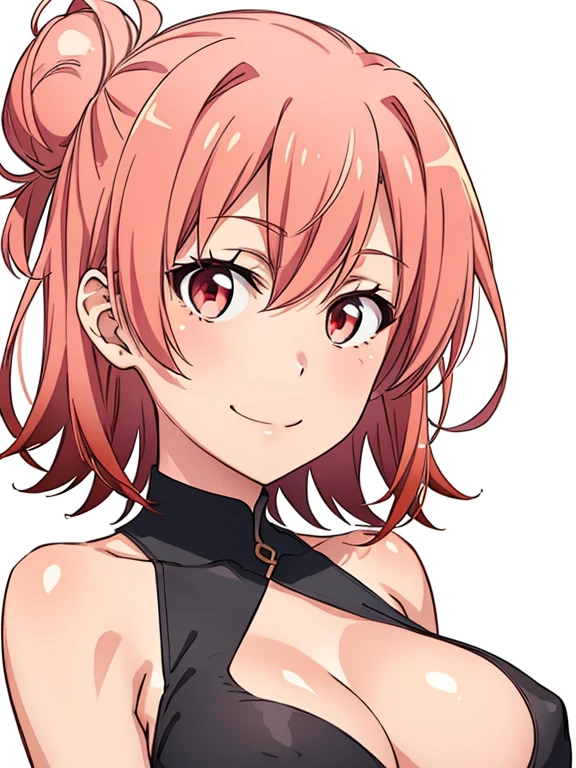 ((masutepiece, Best Quality, hight resolution, nffsw, Perfect Pixel, depth of fields, 4K, )), 1girl in, Solo, , Beautiful anime girl, Beautiful Art Style, close up, Looking at Viewer, Perfect body, Yuigahama Yui, Short hair, pink hair, hairbun, (large boob), smiling, blank white background