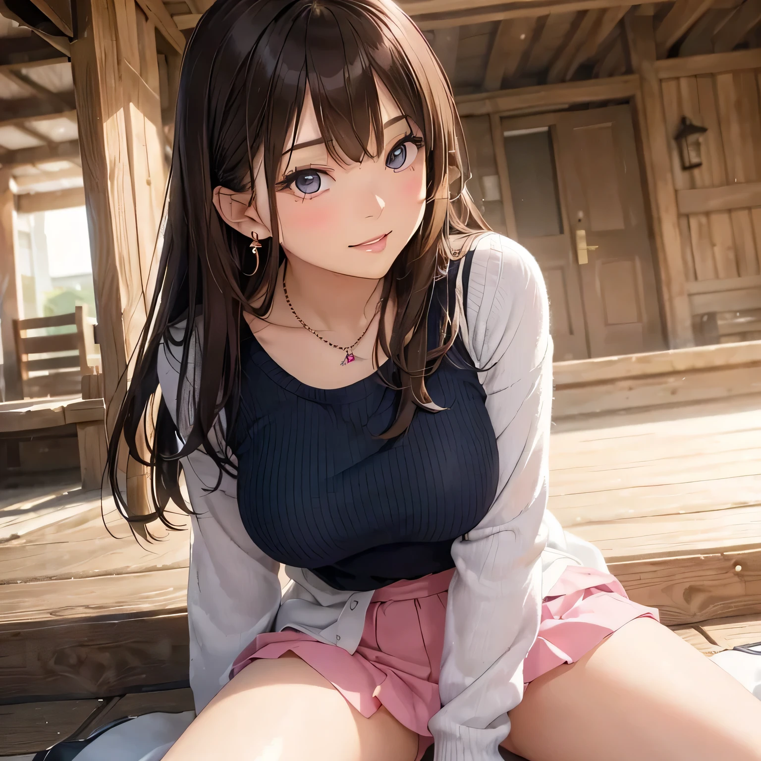 (masutepiece: 1.3), (max resolution: 1.2), (Ultra HDTV: 1.2), cinematric light, Ultra HDTV, (Detailed eyes and skin), (detailed facial features), nffsw, 8K resolution, Sharp Focus: 1.2, Perfect Style, Beautiful face, Perfect body, acurate, Anatomically correct, Highly detailed face and skin texture, Detailed eyes, Dark-blue eyes, Double eyelids, Thin eyebrows, Glitter Eyeliner: 1.2, Natural cheeks, Glossy skin, Fair skin: 1.2, shiny little necklace and earrings, (Glossy lips: 1.4), BREAK, One-person viewpoint, (She is a very cute female teacher), (Pink lace panties), (Seductive smile: 1.2), ((a Innocent and cute girl:1.3)), (Long Wave Hair), (ligh brown hair:1.2), (Cowboy Shot: 1.2), BREAK, ((Very intimate relationships: 1.2)), medium large breasts with nipples showing out , ((Looking at Viewer:1.2)), ((Hot spring trip:1.2)), ((Bend your knees and open your legs wide:1.2)), (From Side:1.2),low angle shot,FULL BODYSHOT Tight sweater with long sleeves in bright colors Tight denim mini skirt Embarrassed look Kamimei. 1 Girl, Facing forward. Blushing.