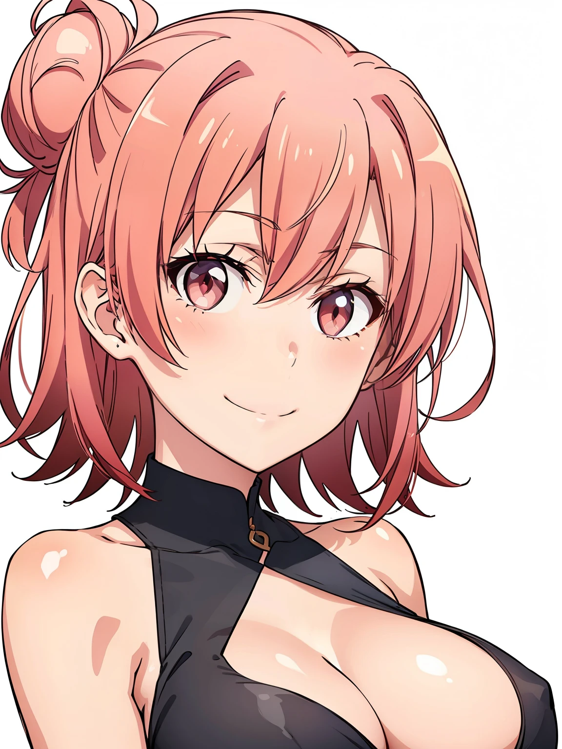 ((masutepiece, Best Quality, hight resolution, nffsw, Perfect Pixel, depth of fields, 4K, )), 1girl in, Solo, , Beautiful anime girl, Beautiful Art Style, close up, Looking at Viewer, Perfect body, Yuigahama Yui, Short hair, pink hair, hairbun, (large boob), smiling, blank white background