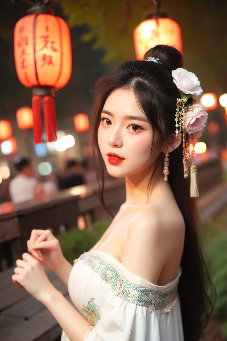 hands_, 1girl, lantern, hair ornament, flower, hair flower, paper lantern, black hair, red lips, looking at viewer, chinese clothes, large breasts, holding, dress, blurry, solo focus, long hair, black eyes, realistic, bare shoulders, white dress, lips, night, lipstick, outdoors, upper body, blurry background, solo, makeup, hair bun
