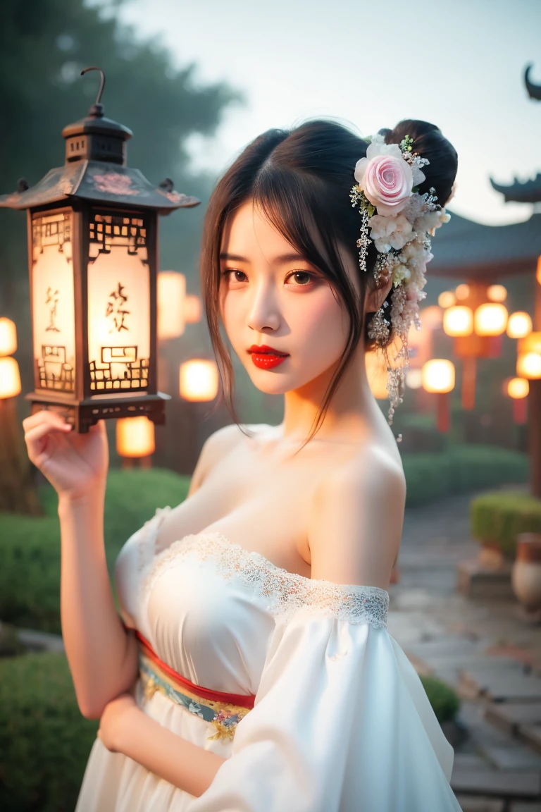 hands_, 1girl, lantern, hair ornament, flower, hair flower, paper lantern, black hair, red lips, looking at viewer, chinese clothes, large breasts, holding, dress, blurry, solo focus, long hair, black eyes, realistic, bare shoulders, white dress, lips, night, lipstick, outdoors, upper body, blurry background, solo, makeup, hair bun
