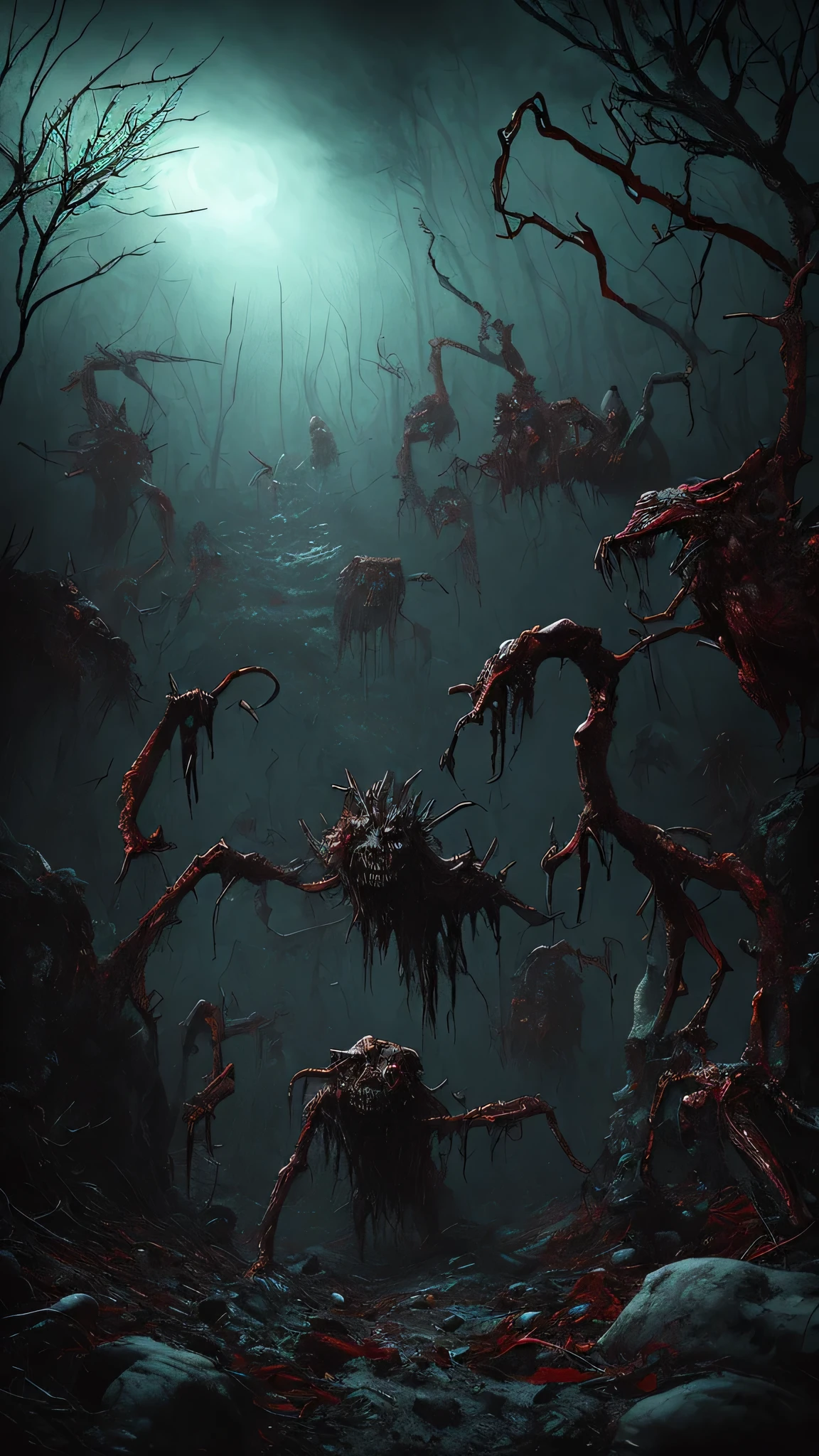 bloody forest,red monsters covered in blood,contaminated environment,terrifying atmosphere,haunting presence,dark shadows,ominous ambiance,foreboding backdrop,ominous mood,intense horror,menacing creatures,cruel nature,macabre scenery,bloody trails,stained foliage,ous palette,lush vegetation soaked in red,horrifying landscape,carnage and chaos,nightmarish realm,mangled remains of life,grisly spectacle,ghastly surroundings,ominous stillness,gory tableau,nightmarish vision,terrifying creatures lurking,menacing presence,unearthly scene,blood-soaked ground,haunting silence,macabre creatures,red mist hanging in the air,dreadful aura,unholy creatures,sinister atmosphere,tormented spirits,unnatural phenomenon,gruesome details,creepy beings,nightmarish atmosphere,otherworldly horror.