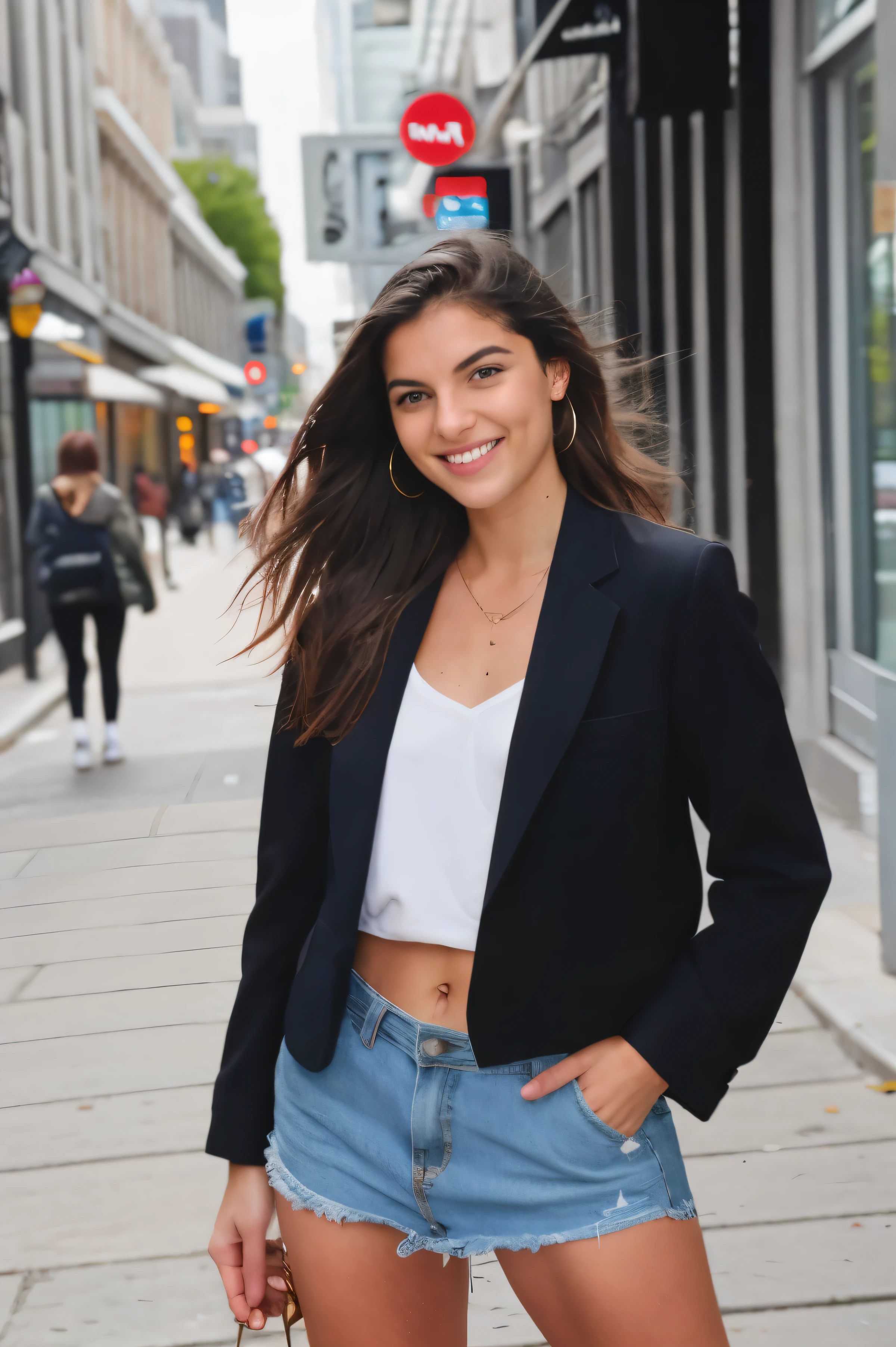 fille aux cheveux brun, d'origine portugaise souriante, posing in the streets of Montreal.