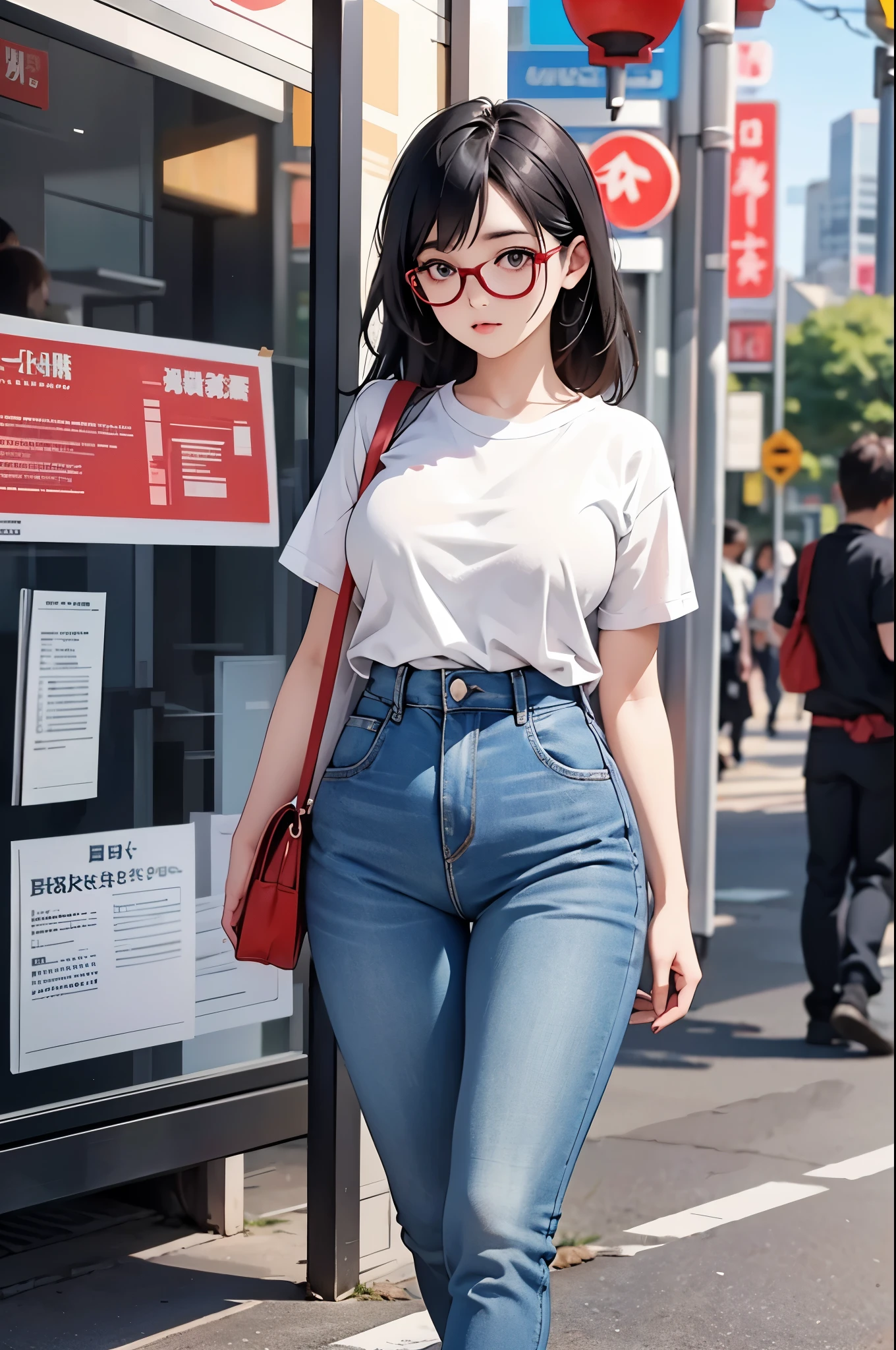 A stunning photorealistic Japanese cartoons illustration of a beautiful woman with perfect body proportions, Show off a plump,  yet slim figure. She was wearing a casual tight T-shirt and jeans, Wearing stylish glasses. The woman was waiting for the bus at the bus stop, Surrounded by city lights and a bustling urban atmosphere. Her expression is calm, and the overall style of the illustration captures the essence of modern Japanese cartoons with a touch of realism., illustration, Japanese cartoons，（（Crazy  swelling））