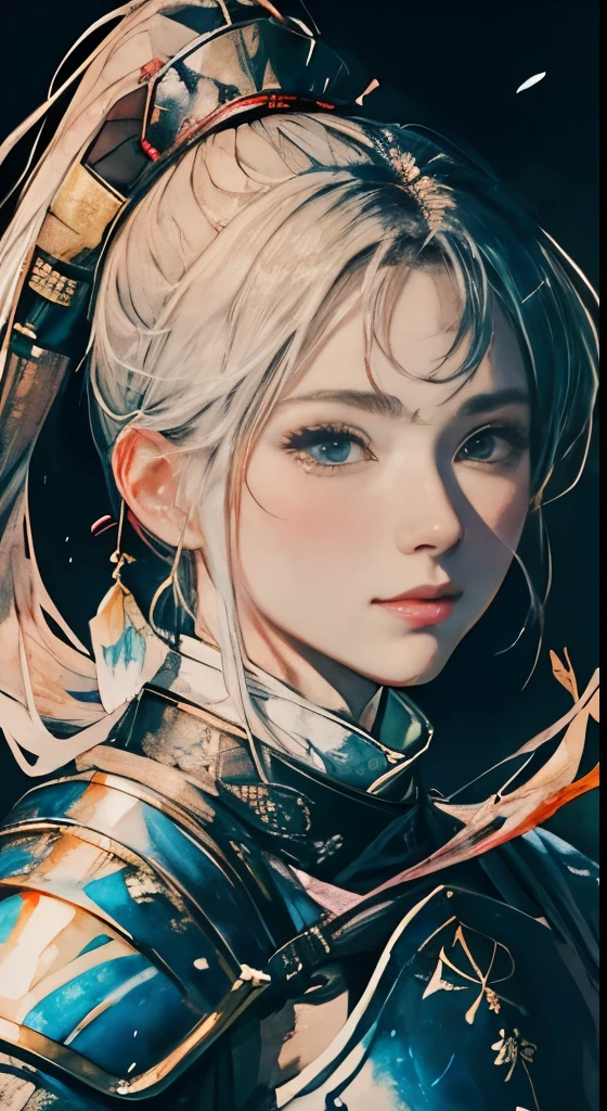 8k,masterpiece,highest quality, From below , Dynamic pose,One beautiful girl, Esbian all over,Portraiture, Watercolor sketch, Light, ponytail, Watercolor \(Moderate\),Watercolor,A sLight smil, ((Japanese Armor)), (Japanese Armor with Attention to Detail), (20-year-old), ((Japanese Armor)) , Wakizashi, (Japanese Armor with Attention to Detail)