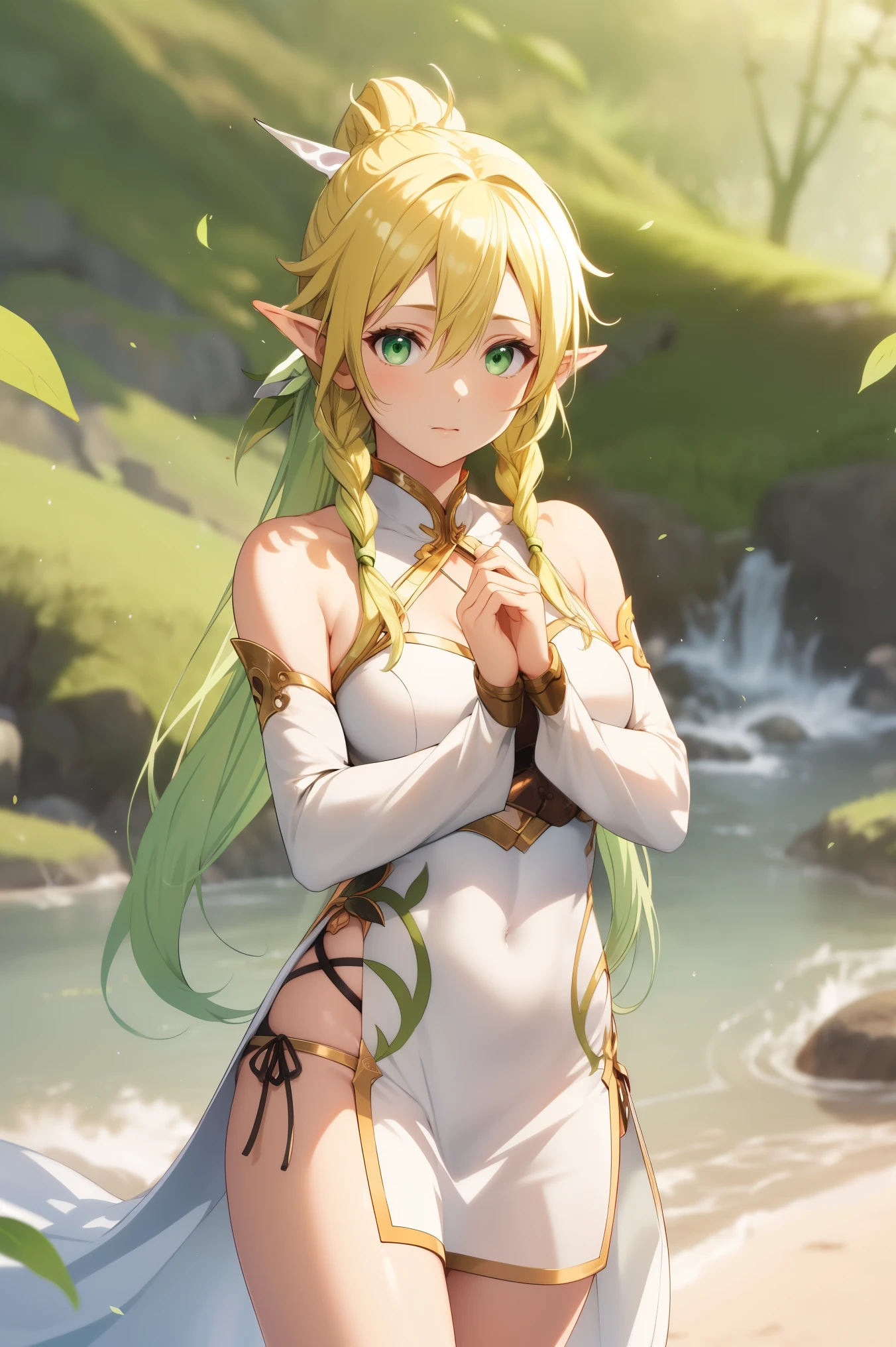 White chinadress, show through, (masterpiece, best quality:1.2), (((leafa))), blonde hair, long hair, green eyes, pointy ears,twin braids, hair between eyes,ponytail, very long hair,side braid, illustration, 8k, hd, (perfect hands, perfect anatomy),