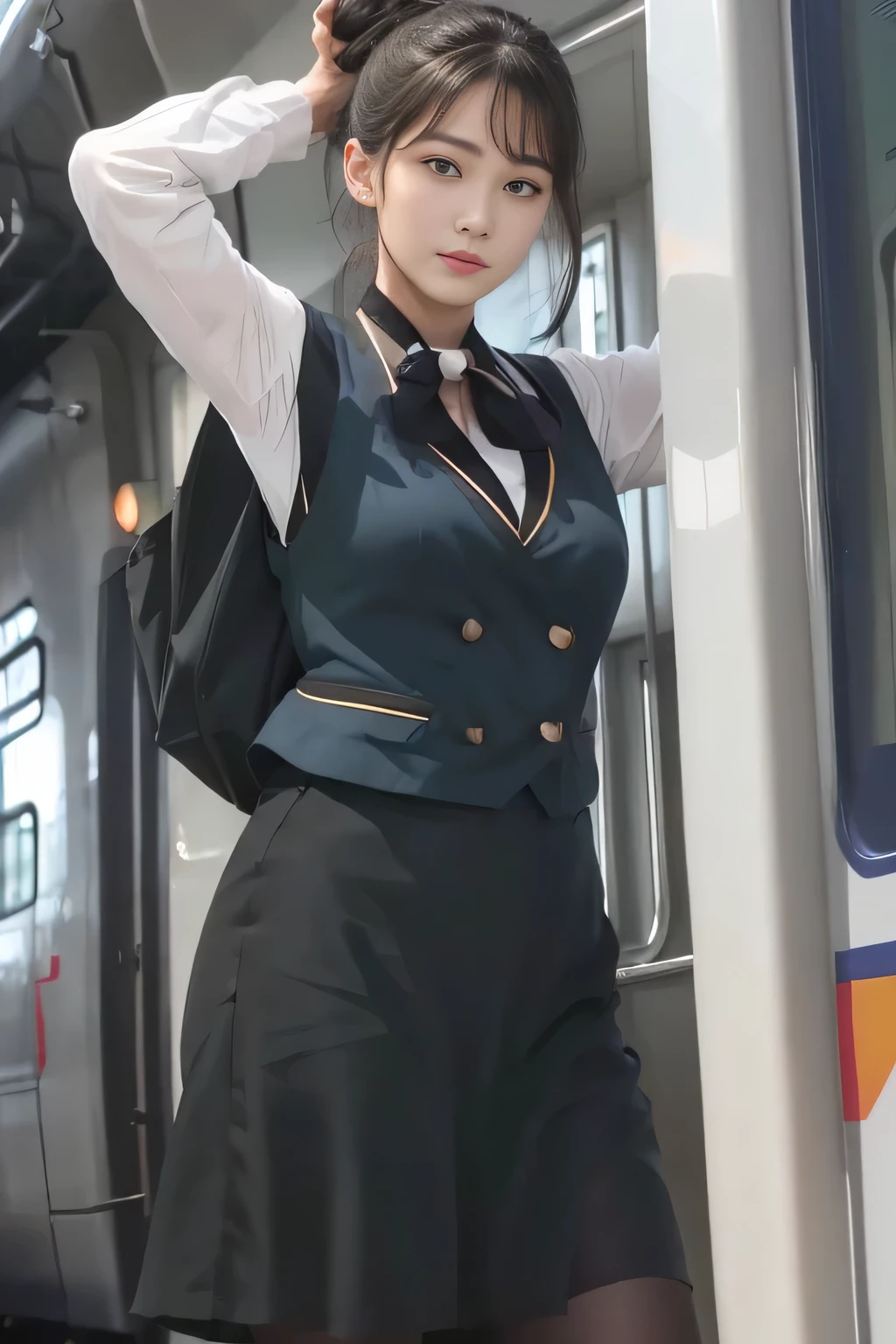 (masterpiece:1.2, highest quality:1.2), 32K HDR, High resolution, (alone、1 girl)、（At the station platform in the afternoon、Professional Lighting）、Background of an empty station platform、（Nankai Train crew uniformを着たリアルスタイル）、（The green vest of the Nankai train crew uniform、Nankai train crew uniform long-sleeved blouse with no collar、Nankai Train Crew Uniform Black Culottes）、Scarf around the neck、Dark brown hair、（Hair tied up、Hair Bun、Hair Bun）、Dark brown hair、Long Shot、Big Breasts、Thin legs、（（Great hands：2.0）），（（Harmonious body proportions：1.5）），（（Normal limbs：2.0）），（（Normal finger：2.0）），（（Delicate eyes：2.0）），（（Normal eyes：2.0））)、smile、A beautiful back view showing off a black culottes skirt