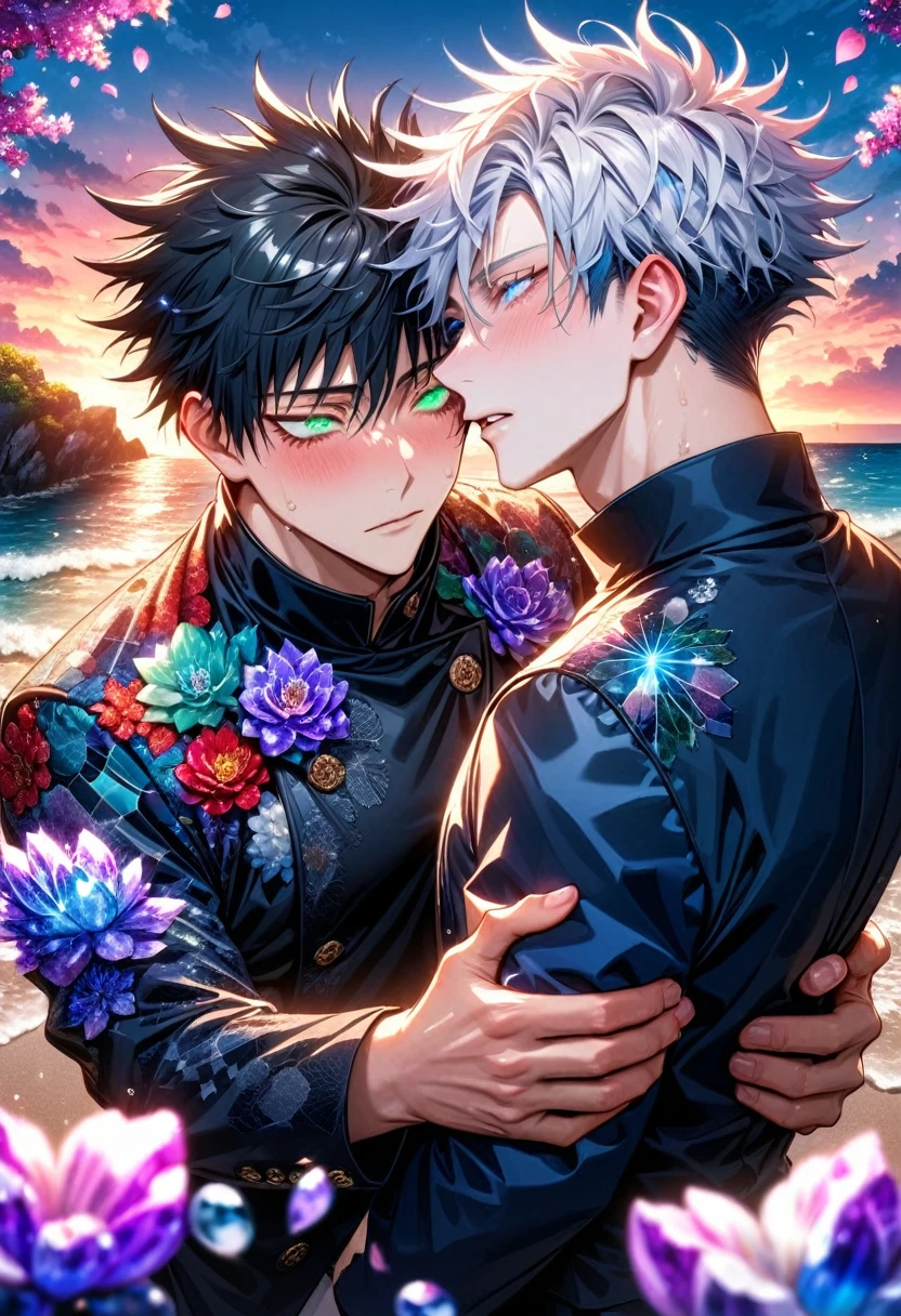 Ultra detailed, Highres, absurdres, HDR, master piece, Gojo Satoru, white hair with bangs, expressive blue eyes, white eyelashes, hair between the eyes, Fushiguro Megumi, black hair, expressive green eyes, Jujutsu Kaisen, black long coat with patterns, purple ice flowers, petals, extremely handsome, two y man together, gay couple, yaoove, extremely detailed eyes and face, beach, water, sunset, black shirt, glittering, glittering eyes,