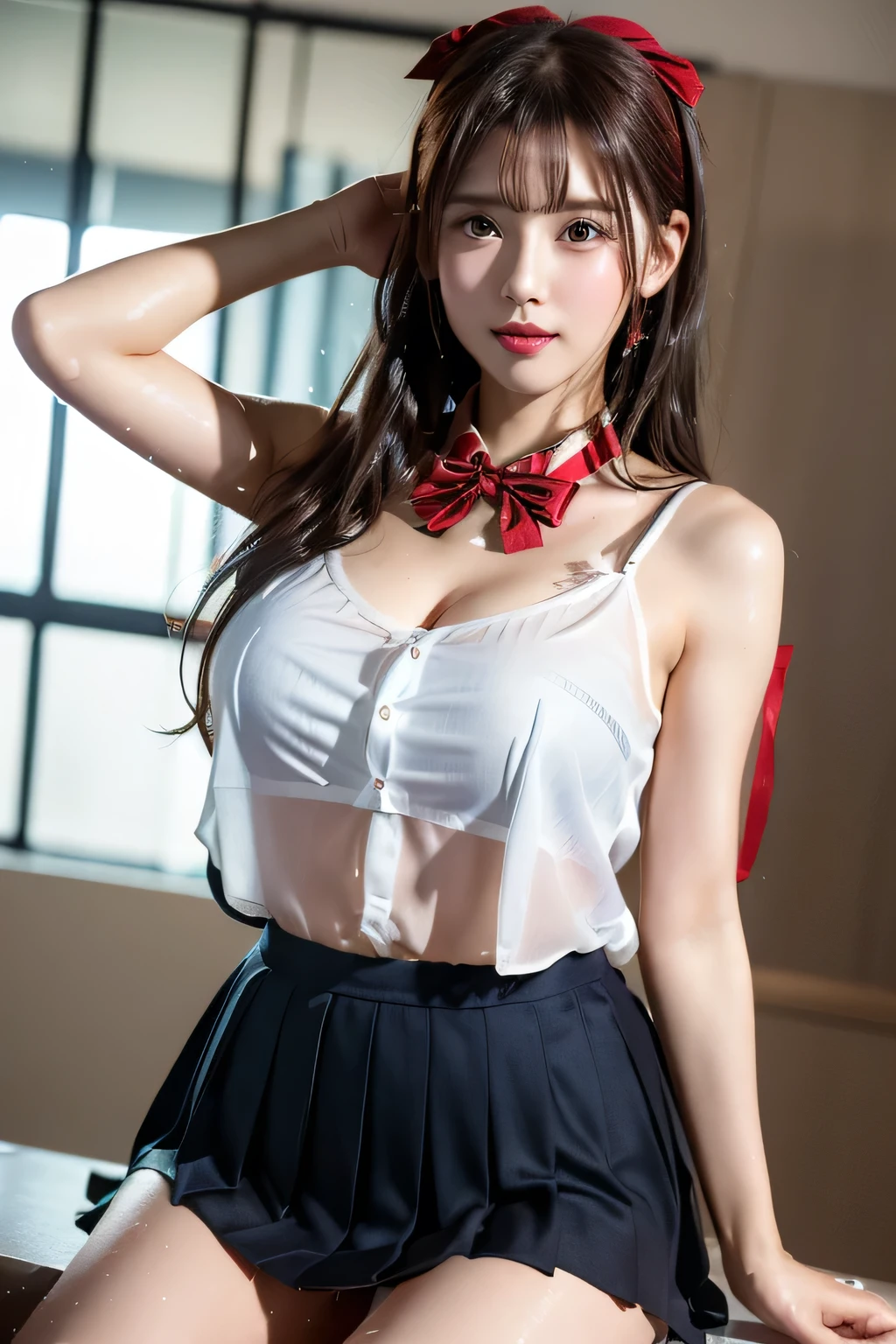 (((classroom))),(((Change clothes in the changing room:1.3))),(((clothes on hangers:1.3))),(((Wet and see-through chemise:1.3))),(((Red underwear:1.3))),(((Pleated skirt that exposes skin))),(Kneel:1.3),(Dark red bow tie:1.3),Cute Face,(Aqua blue hair,Floral knit headband,Half Up、Floral braided space buns,Voluminous fishtail braid,Twisted pan,),(The bangs are see-through),hairpin,hair ornaments,Blushing、Pointed red mouth、Perfect round face,iris,(Perfect body curves),Big Breasts.Wet Hair、Wet clothes、Wet Skin、Professional Lighting,Cinematic Light,(Tabletop,highest quality,Ultra-high resolution output images,) ,(8K quality,),(Picture Mode Ultra HD,)