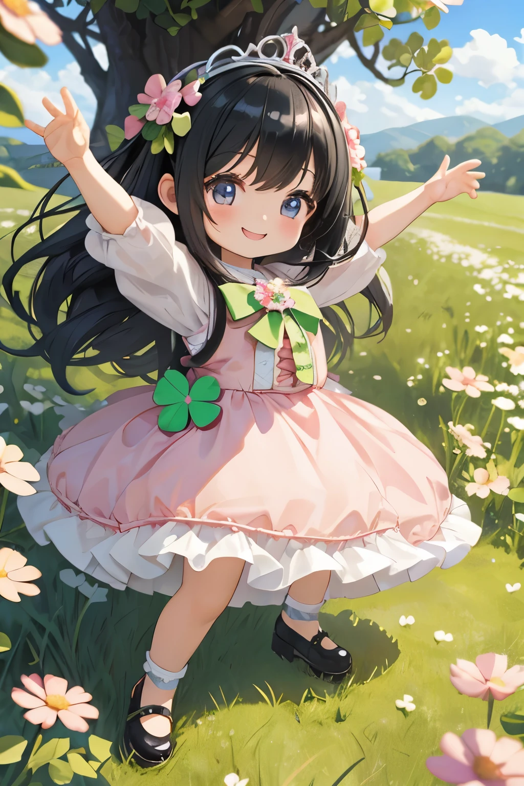 Photorealistic、Chibi Girl Doll（Wearing a crown of clover flowers、Adorable shoes、Clover Field、smile、Black Hair、Dynamic Pose）