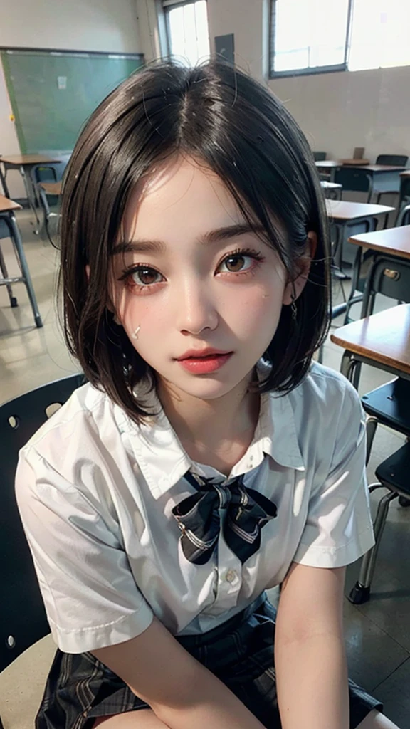 (highest quality, masterpiece:1.3), shape, ((Beautifully detailed face)), Beautiful and detailed skin, Intricate details, Very detailed, Best image quality in 8K, The true picture () (18 year old high school girl:uniform,Short sleeve shirt with white collar,Checkered Skirt,The shirt is unbuttoned) (Small breasts), ,One girl in the Japan,Baby Face,(Detailed Hair,Bobcut:1.6,Black Hair),Detailed lips,Open your mouth,(classroom,Sitting in a chair),blush,Embarrassing,Realistic Face,Realistic Skin,(sexy:2.0,Clothes are disheveled,Her skirt is flipped up),(Vibrant Skin,Moisturized Skin:1.2),Vivid lips,Lip gloss