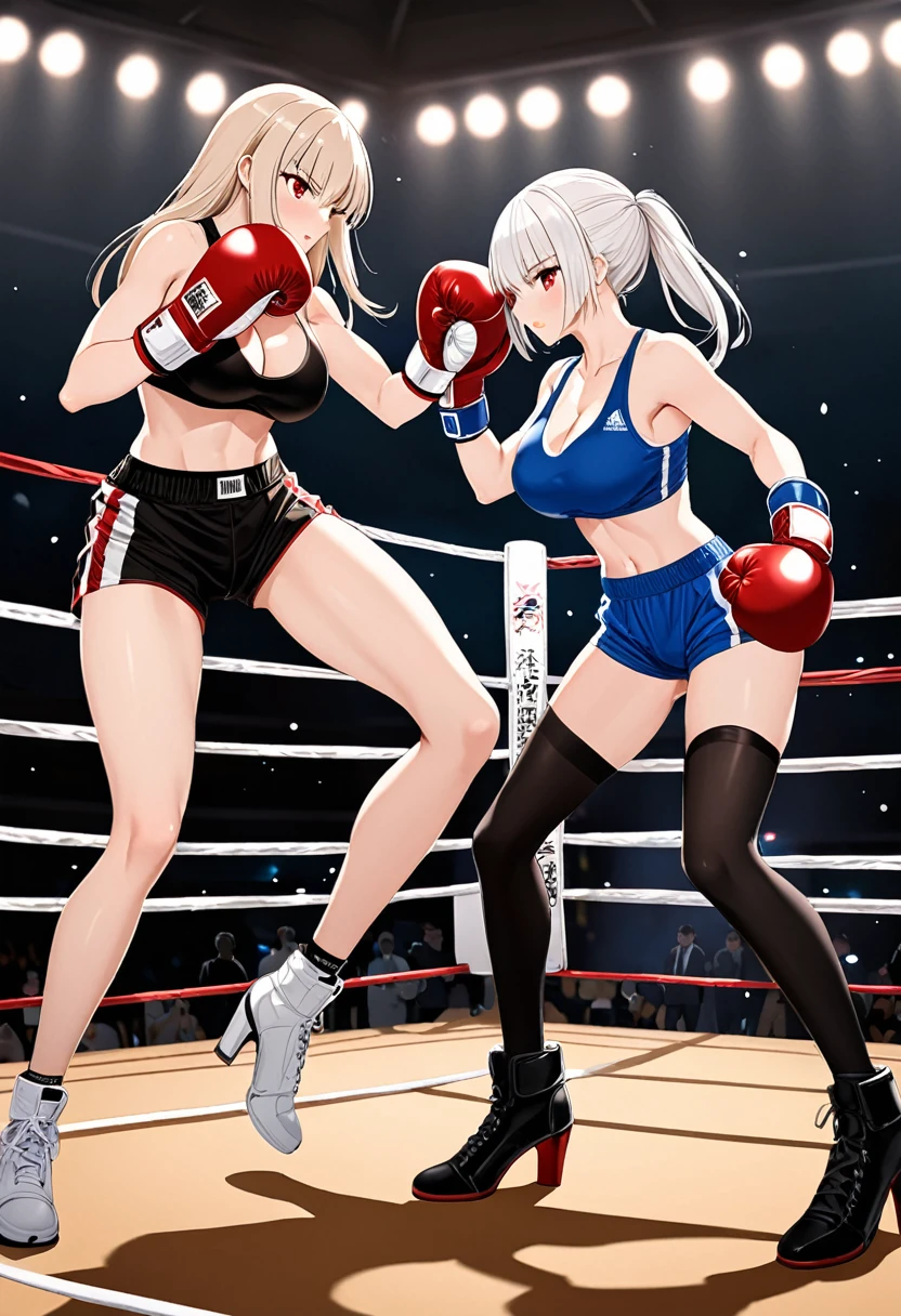 high quality,Two beauties,White straight hair,Red Eyes,shy,blush,Wear sportswear,Black stockings,High heel,Wearing boxing gloves,Cleavage,Large Breasts,Camel toe,Long legs,Thin waist,Vest line,Absolute Domain,Boxing Ring，Punching each other