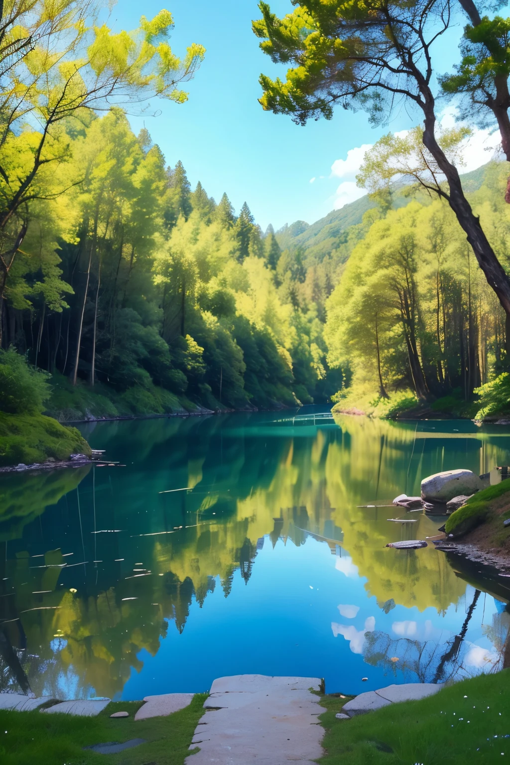 en un bosque con una bonita vista a un lago que se mira desde lo mas alto y no hay ninguna persona
