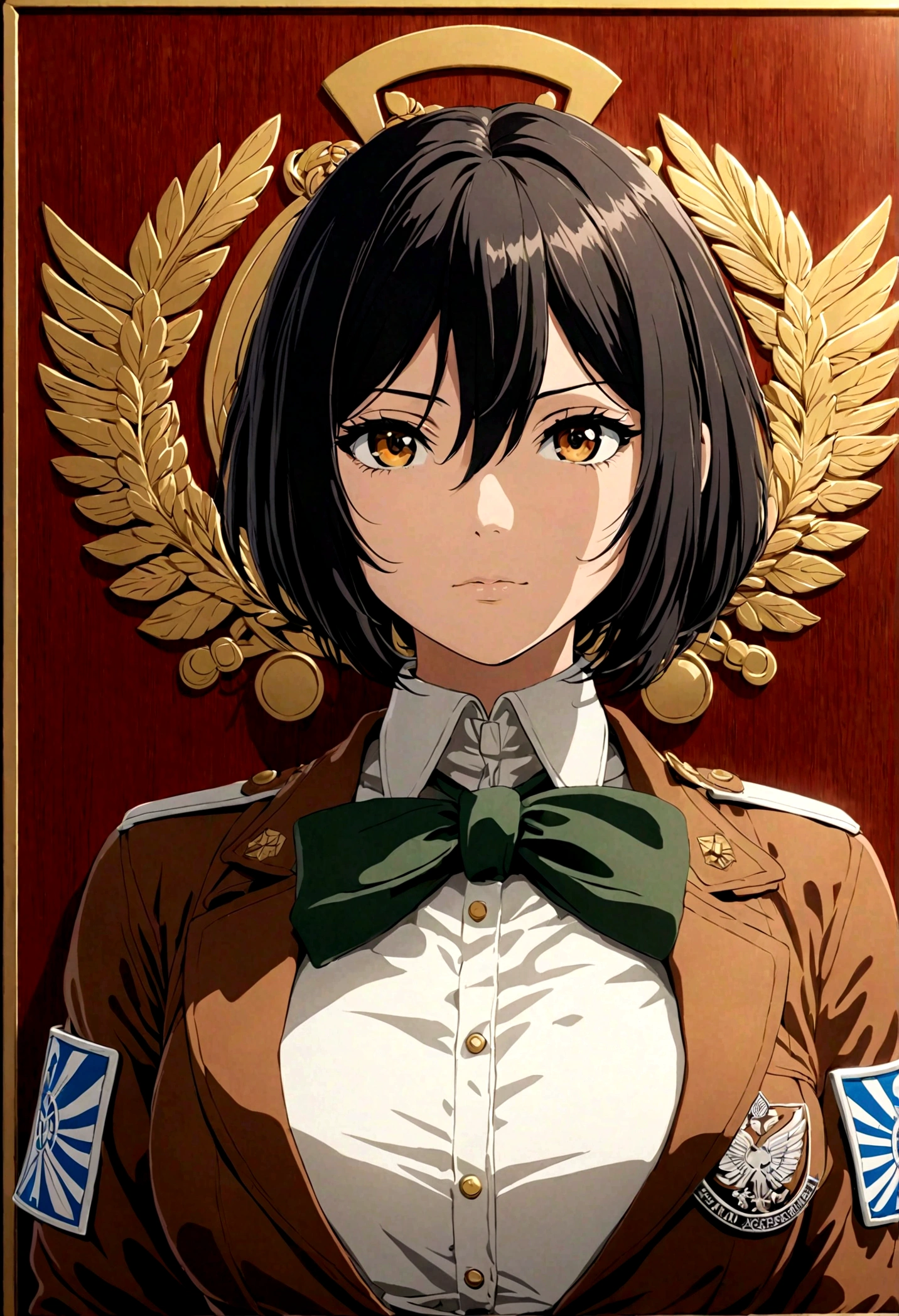 Survey Corps (emblem), mikasa ackerman, best quality, masterpiece, very beautiful, Perfect composition, Intricate details, Extremely detailed