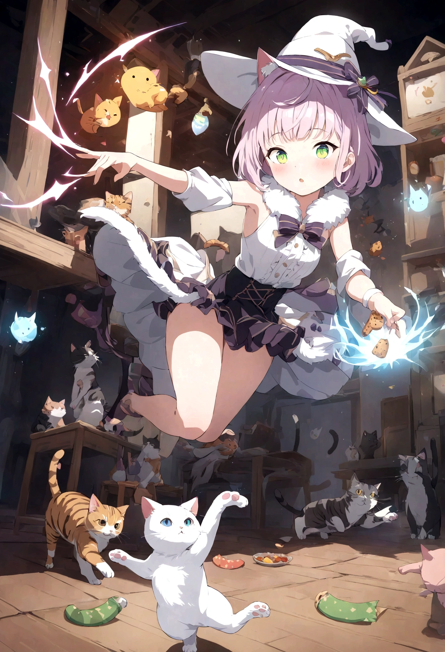 a cat casting snack spells, a cute cat performing magic tricks with snacks, cat magician, whimsical cat, adorable cat, cat with magical powers, high quality, 8k, photorealistic, detailed fur, expressive eyes, detailed facial features, intricate magic effects, glowing magical aura, colorful snacks, floating snacks, dynamic pose, playful expression, vibrant colors, dramatic lighting, fantasy art style