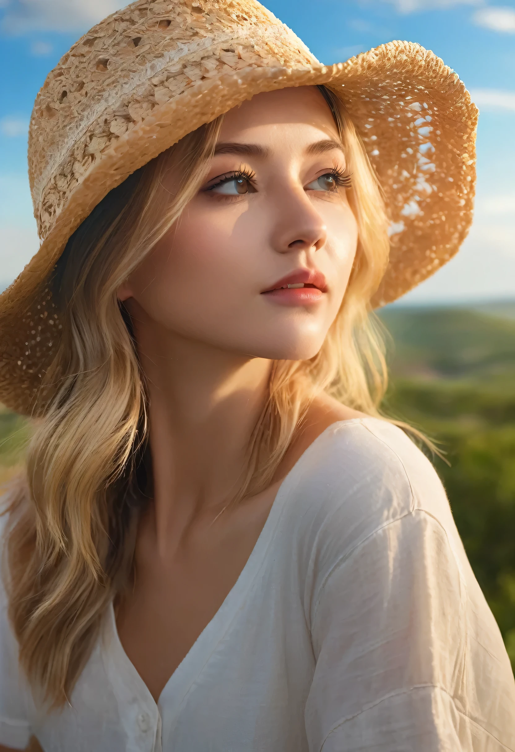 a beautiful girl with blonde hair, light eyes, a streak of light on her face looking at a spectacular sunset landscape, wearing a straw hat, detailed facial features, detailed hair, beautiful detailed eyes, beautiful detailed lips, extremely detailed face, long eyelashes, oil painting, cinematic lighting, vibrant colors, dramatic sky, lush greenery, detailed foliage, intricate details, photorealistic, 8k, best quality, masterpiece