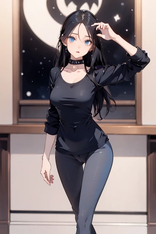black long straight hair, pretty , blue eye, collar, white skin, shy, best quality, young, short, tight black leggings, black t-shirt, fat