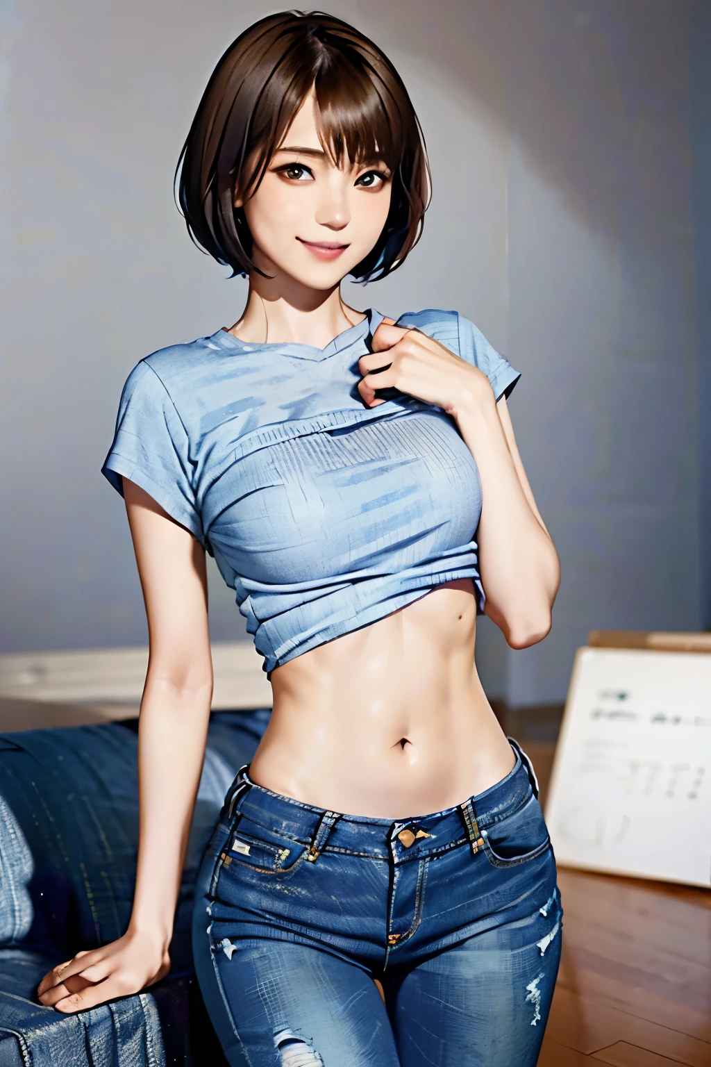 237 20-year-old female, short hair, (Jeans andＴ-shirt), A kind smile, lipstick, Abdominal muscles, (Battlefield Warriors)