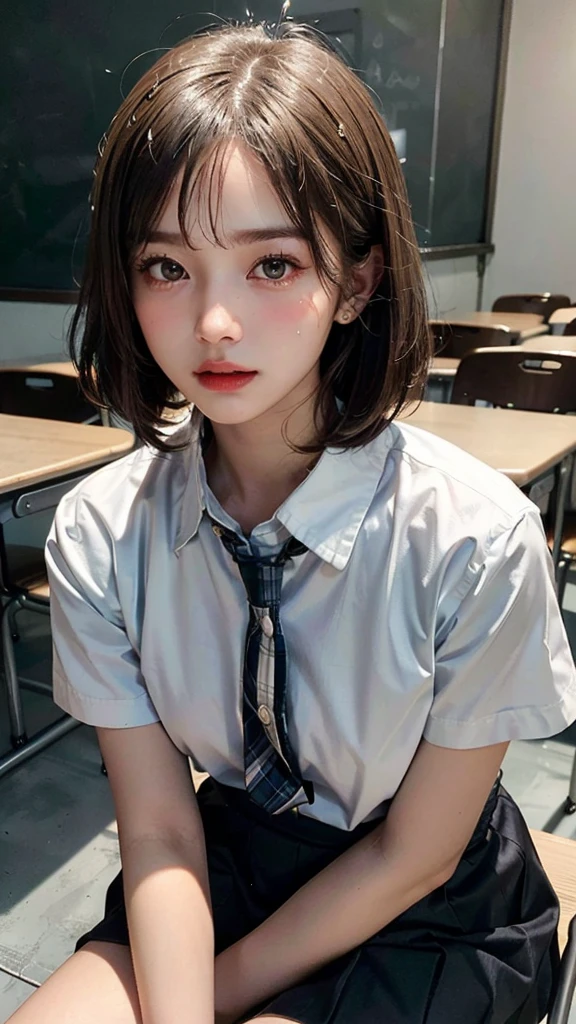 (highest quality, masterpiece:1.3), shape, ((Beautifully detailed face)), Beautiful and detailed skin, Intricate details, Very detailed, Best image quality in 8K, The true picture () (18 year old high school girl:uniform,Short sleeve shirt with white collar,Checkered Skirt,The shirt is unbuttoned) (Small breasts), ,One girl in the Japan,Baby Face,(Detailed Hair,Bobcut:1.6,Black Hair),Detailed lips,Open your mouth,(classroom,Sitting in a chair),blush,Embarrassing,Realistic Face,Realistic Skin,(sexy:2.0,Clothes are disheveled,Her skirt is flipped up),(Vibrant Skin,Moisturized Skin:1.2),Vivid lips,Lip gloss