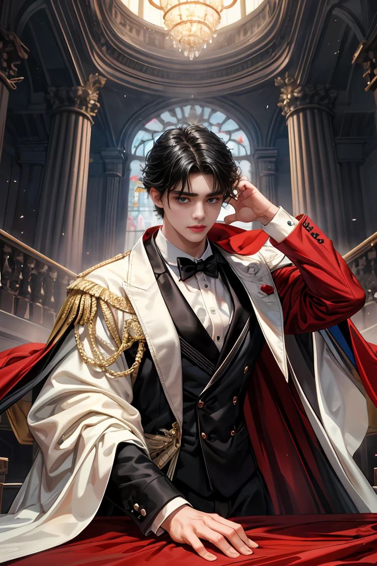 masterpiece, 最high quality, high quality, 1 boy, alone, Male focus, Watching the audience, Messy black hair, Adorable big blue eyes, White, Noble, Noble,Sexy voluminous cape、Tuxedo、A very voluminous, large, very large, very large, long, long red and black cape with a high stand-up collar, reaching down to the floor, made of a lot of fabric., 17 years old,Cute beautiful boys,Cute, cute, kind, handsome guy
