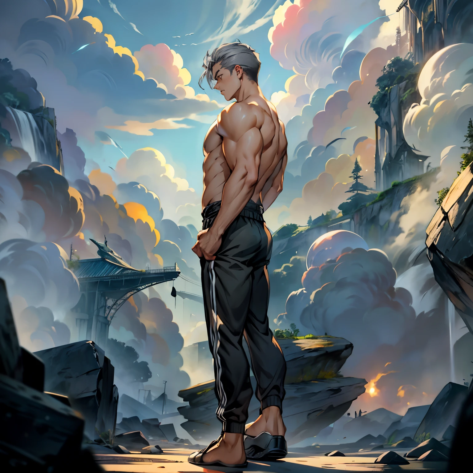 1boys, Full body, Serious face, brown eyes, ((gray hair)), high-cut hair, neck long hair, wearing black sleeveless shirt, black tracksuit pants, black shoes, levitate on air, blue sky, cloud, side back view