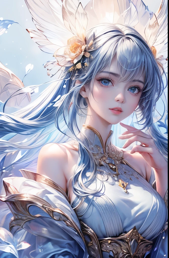 (highest quality,8k,CG,Beautiful details upper body,,Thumb Girl,Translucent coat dress,Floral Background,Complex facial features,length,Flowing hair,Almond-shaped eyes,Exquisite eye makeup,length fluttering eyelashes,Blinking big eyes,Starry Sky,Exquisite lip detail,Soft and harmonious style)