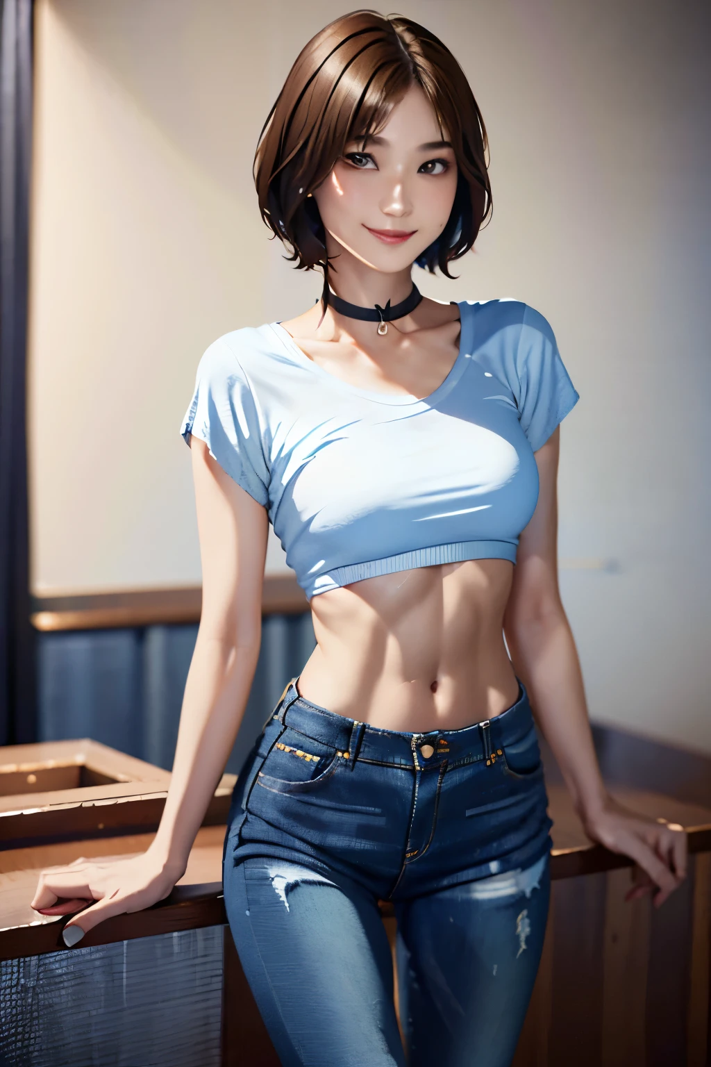 237 20-year-old female, short hair, (Jeans andT-shirt), A kind smile, lipstick, Abdominal muscles, (Battlefield Warriors)