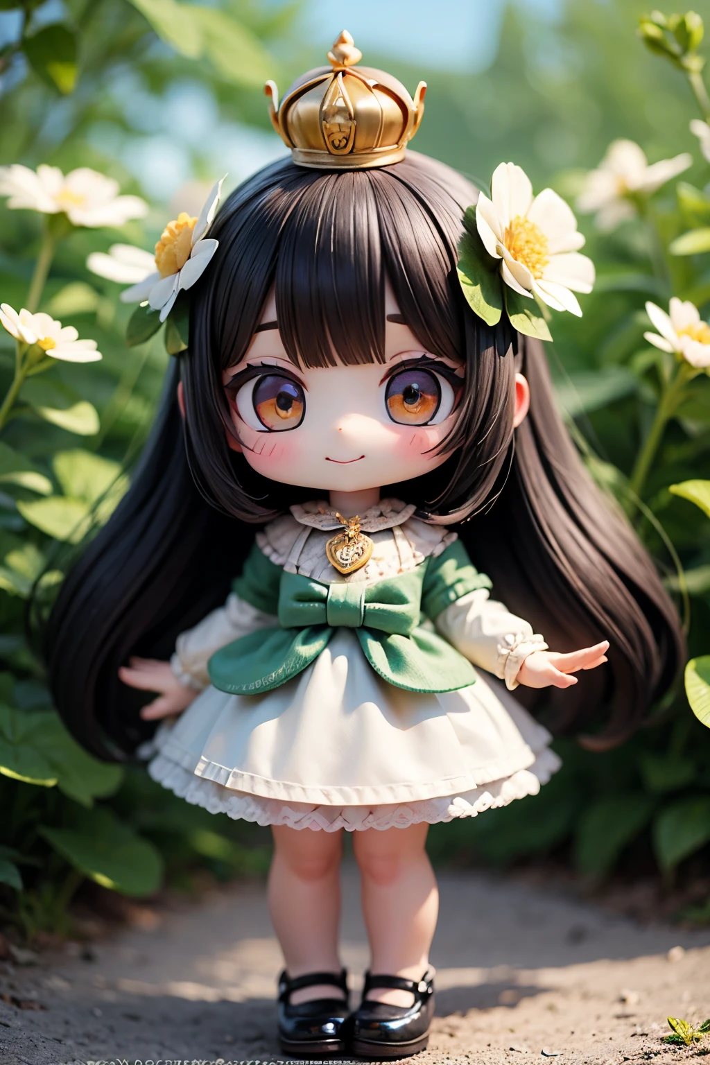 Photorealistic、Chibi Girl Doll(Wearing a crown of clover flowers、Delicate petals、Adorable shoes、Clover Field、smile、Black Hair、Dynamic Pose)