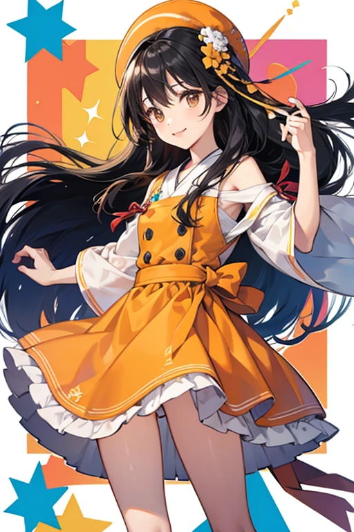 UHD, retina, masterpiece, accurate, anatomically correct, super detail, high details, high quality, award winning, best quality, highres, good anatomy, 1080P, HD, 4K, 8k, 16k, 1girl, long black hair, bangs, long locks, brown eyes, flower in hair, wearing a off shoulder yellow shirt, wearing a light blue mini skirt