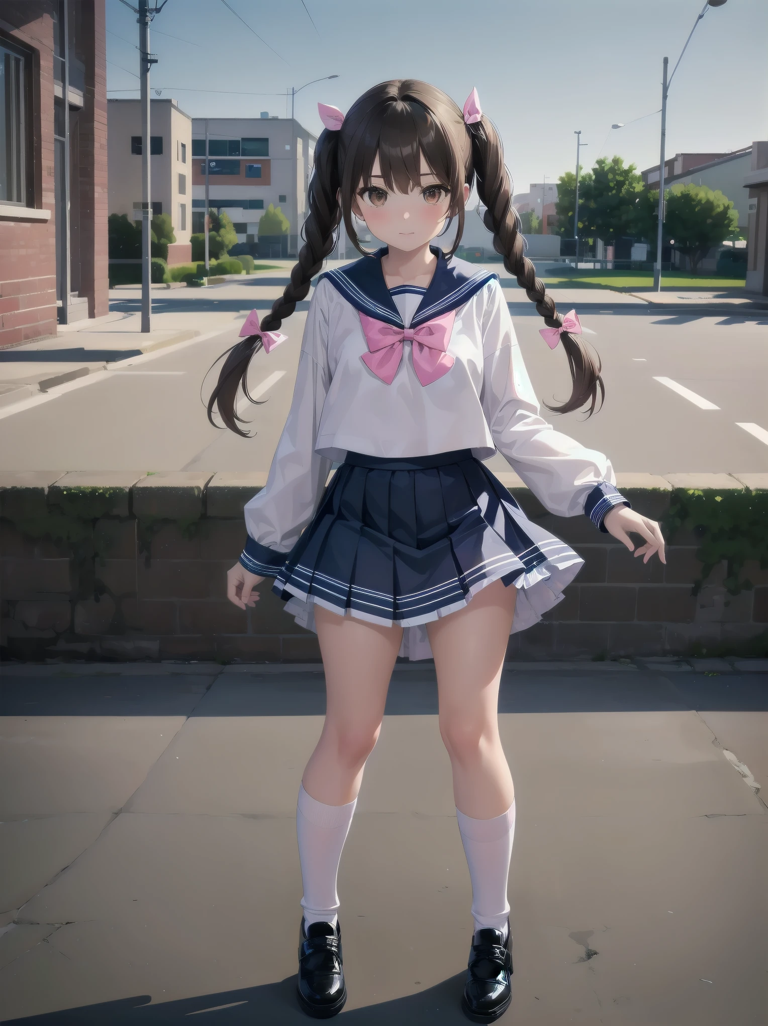 1girl, solo, looking at viewer, skirt, brown hair, shirt, long sleeves, bow, twintails, brown eyes, , full body, shoes, socks, sailor collar, black footwear, twin braids, cosplay, blue bow, white socks, pink skirt, photo background, pink sailor collar