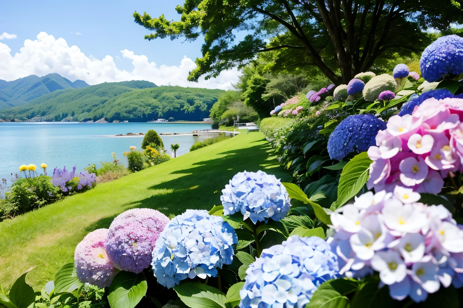 An island where hydrangeas bloom, Bird&#39;s-eye view