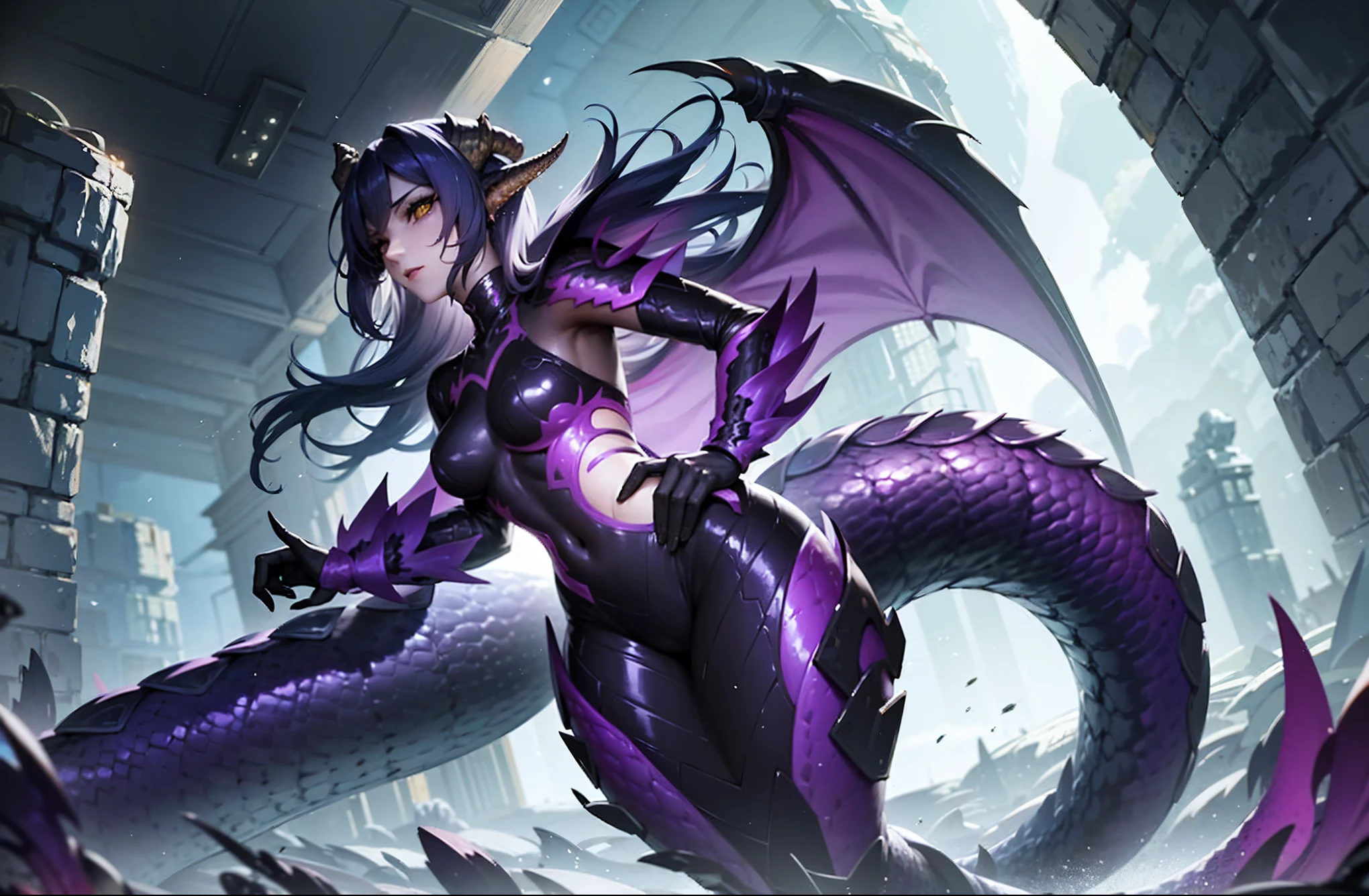 Lamia. metallic purple fashion. long gloves. eyes motif hair ornament. swamp. Scaly armor. Assassin style. poison aura.