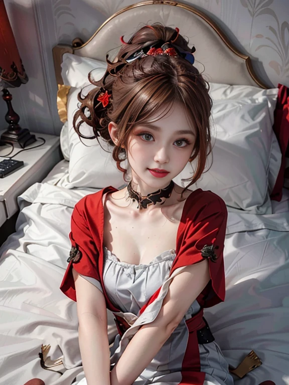 (Modify hair only、Face)Reddish brown hair,curls,Ponytail,Not bad,Perfect hairstyle,Red headdress,Red Eyess,Red Eyes,Red pupil,Delicate and detailed eyes,Clear eyes,Red Eyes,huge ,Smile,Open your legs wide