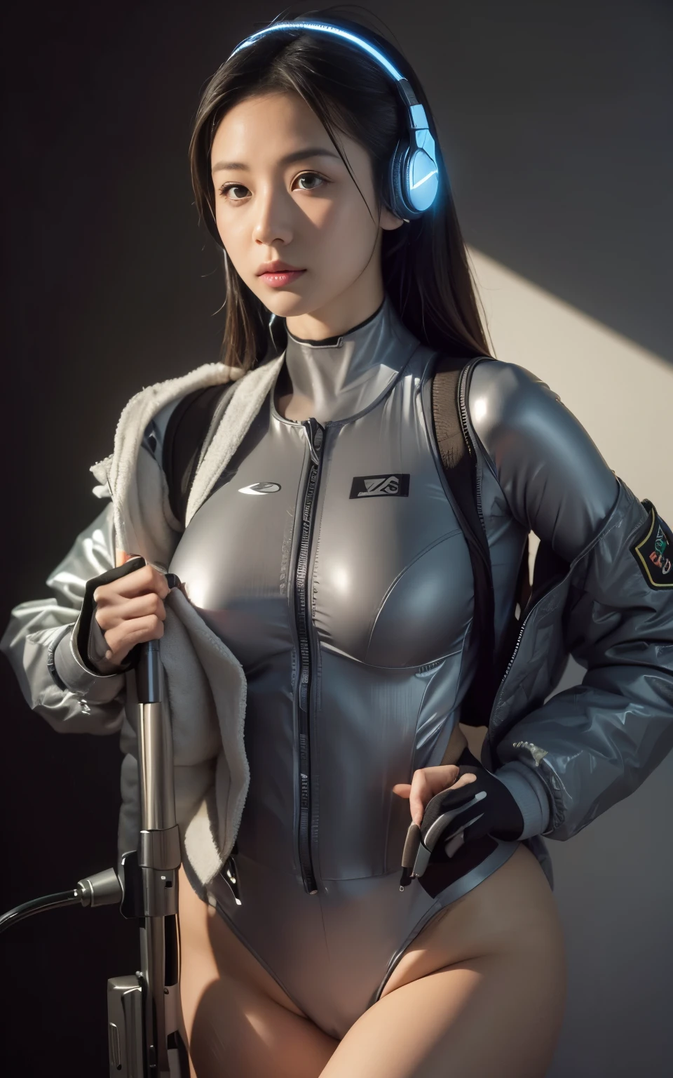 (best quality,Super detailed),(Practical,photoPractical:1.37), Ultra-high resolution, (realism: 1.4), ((close up:0.75)), Best Illustration, Offer Details, Highly concentrated 1lady, Have a beautiful and delicate face, Perfect proportion, (upright, Small Breasts, Chubby:0.2), (Putting on a racing suit is like, Black and gray mech, Wearing high-tech headphones, Military wiring harness, Grenade, With a machine gun), team leader, Simple gray wall background,