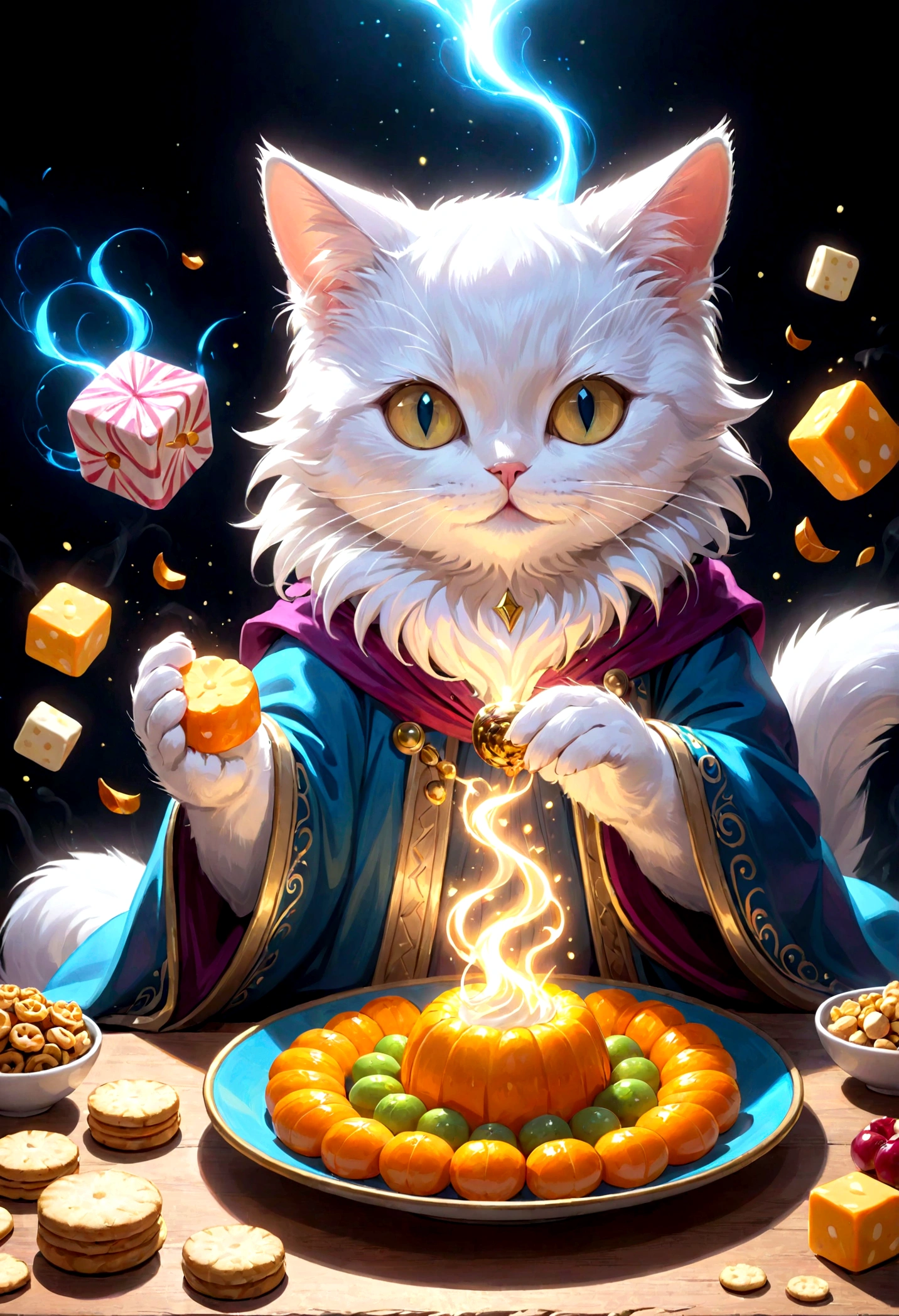 a cat casting snack spells, a cute cat performing magic tricks with snacks, cat magician, whimsical cat, adorable cat, cat with magical powers, high quality, 8k, photorealistic, detailed fur, expressive eyes, detailed facial features, intricate magic effects, glowing magical aura, colorful snacks, floating snacks, dynamic pose, playful expression, vibrant colors, dramatic lighting, fantasy art style