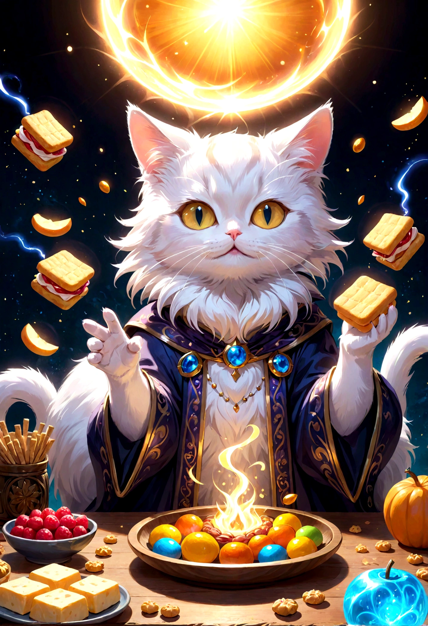 a cat casting snack spells, a cute cat performing magic tricks with snacks, cat magician, whimsical cat, adorable cat, cat with magical powers, high quality, 8k, photorealistic, detailed fur, expressive eyes, detailed facial features, intricate magic effects, glowing magical aura, colorful snacks, floating snacks, dynamic pose, playful expression, vibrant colors, dramatic lighting, fantasy art style