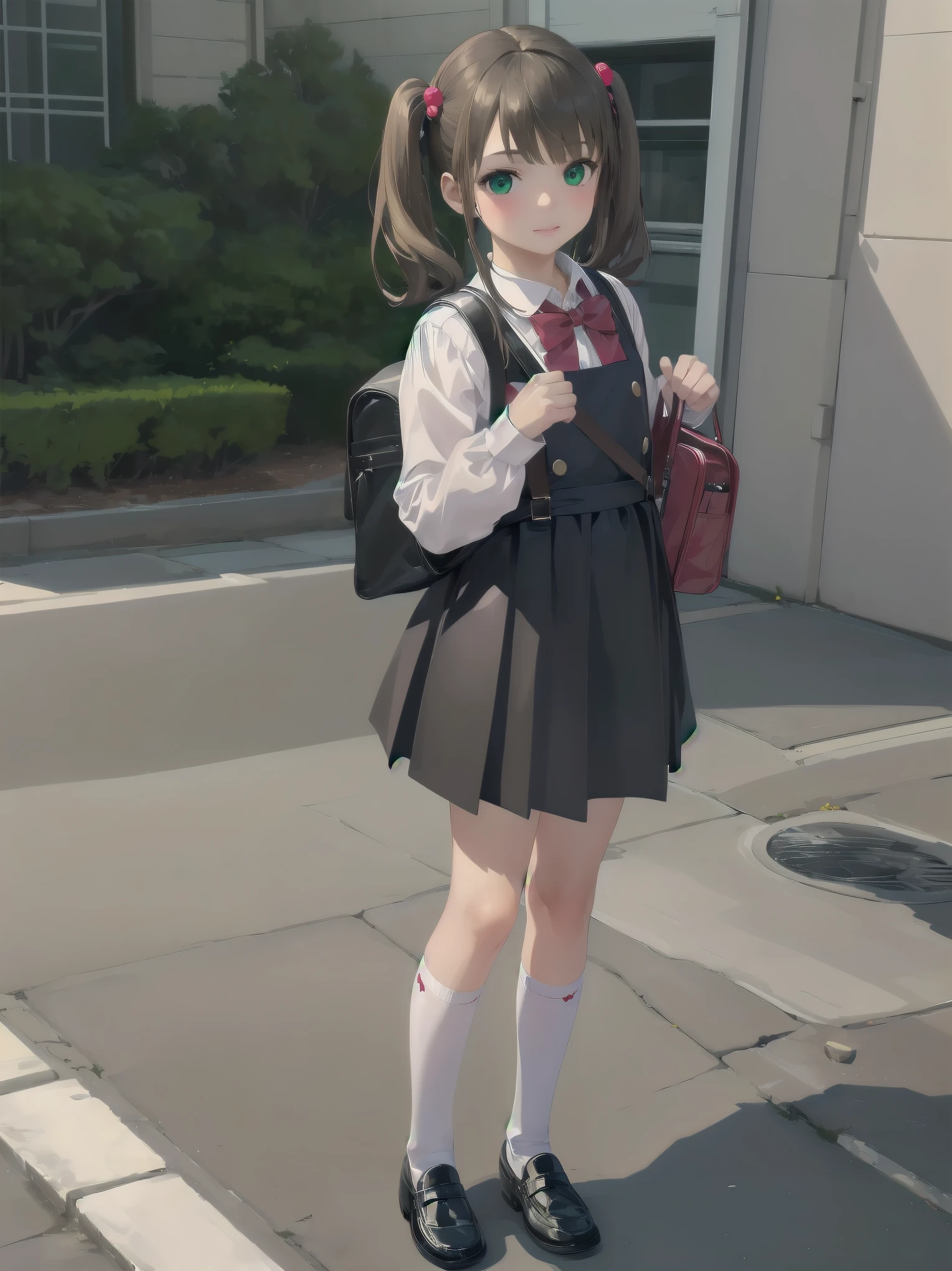 1girl,best quality,ultra-detailed,high resolution,(photorealistic, realistic, photo-realistic:1.2),(9 yo,flat chest),bangs,(smile:0.3),,shigure ui (vtuber),aged down,,backpack,bag,bangs,black dress,black footwear,blush,pom pom hair ornament,collared shirt,green eyes,kneehighs,light brown hair,loafers,long sleeves,pinafore dress,pleated dress,randoseru,red bow,,sleeveless dress,twintails,white legwear,white shirt,anime