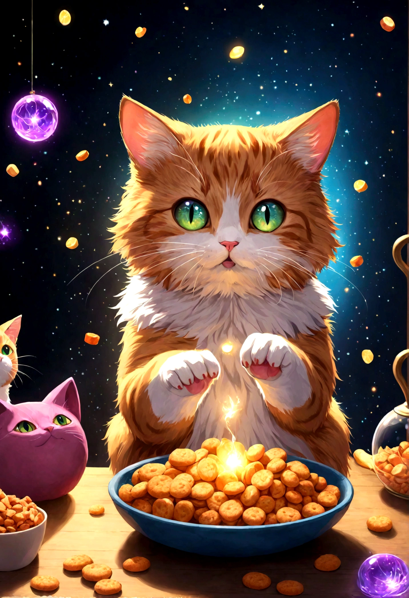 a cat casting snack spells, a cute cat performing magic tricks with snacks, cat magician, whimsical cat, adorable cat, cat with magical powers, high quality, 8k, photorealistic, detailed fur, expressive eyes, detailed facial features, intricate magic effects, glowing magical aura, colorful snacks, floating snacks, dynamic pose, playful expression, vibrant colors, dramatic lighting, fantasy art style