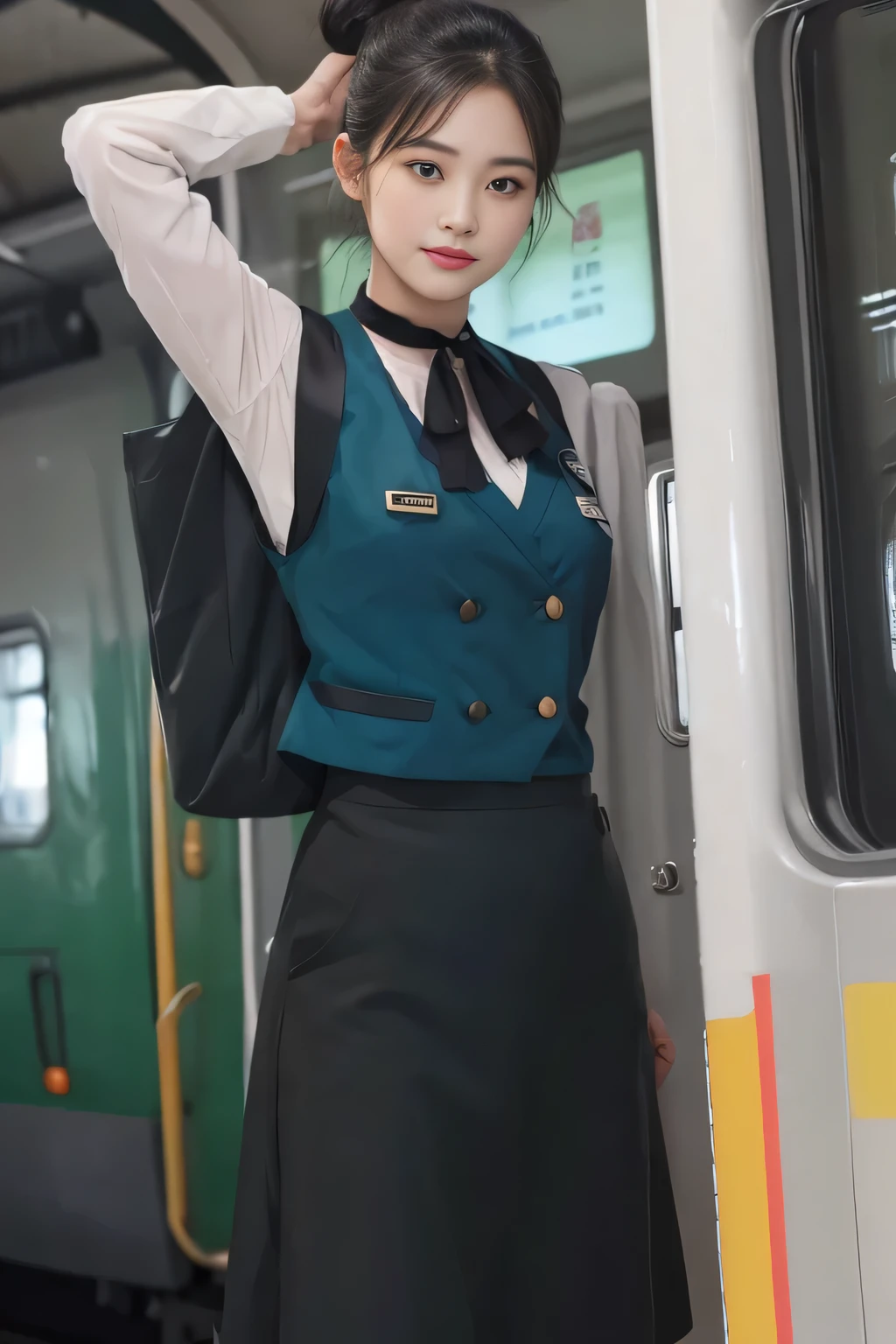 (masterpiece:1.2, highest quality:1.2), 32K HDR, High resolution, (alone、1 girl)、（At the station platform in the afternoon、Professional Lighting）、Background of an empty station platform、（Nankai Train crew uniformを着たリアルスタイル）、（The green vest of the Nankai train crew uniform、Nankai train crew uniform long-sleeved blouse with no collar、Nankai Train Crew Uniform Black Culottes）、Scarf around the neck、Dark brown hair、（Hair tied up、Hair Bun、Hair Bun）、Dark brown hair、Long Shot、Big Breasts、Thin legs、（（Great hands：2.0）），（（Harmonious body proportions：1.5）），（（Normal limbs：2.0）），（（Normal finger：2.0）），（（Delicate eyes：2.0）），（（Normal eyes：2.0））)、smile、A beautiful back view showing off a black culottes skirt